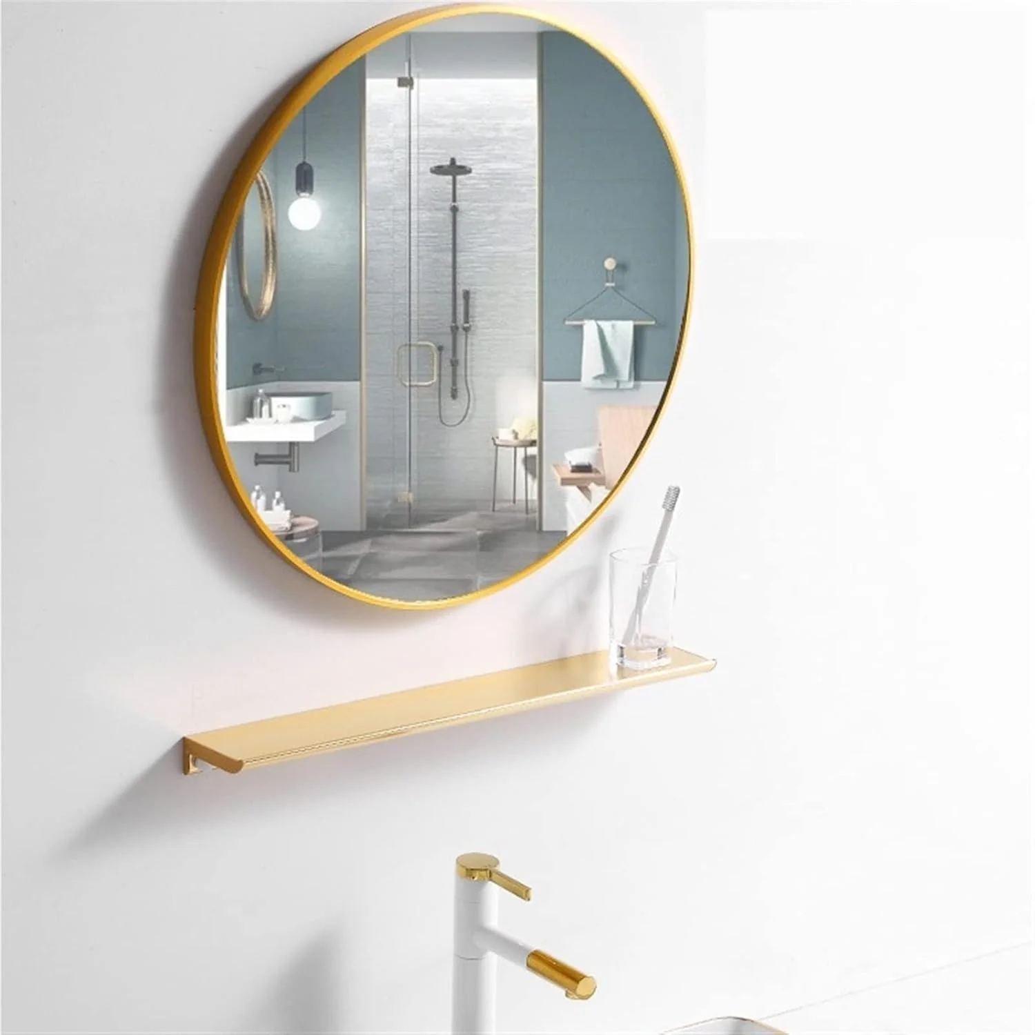 آینه دیواری HHMMEDE، آینه بزرگ حمام، مناسب آرایش، دوش و اصلاح صورت، آینه گرد دیواری با قاب طلایی آینه دیواری HHMMEDE، آینه بزرگ حمام، مناسب آرایش، دوش و اصلاح صورت، آینه گرد دیواری با قاب طلایی