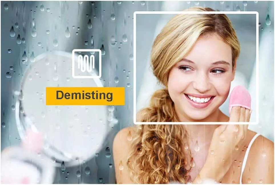 آینه حمام دیواری HFKRNS با آینه ضد انفجار LED روشن، لبه های مات بدون قاب، نور سفید/گرم آینه حمام دیواری HFKRNS با آینه ضد انفجار LED روشن، لبه های مات بدون قاب، نور سفید/گرم