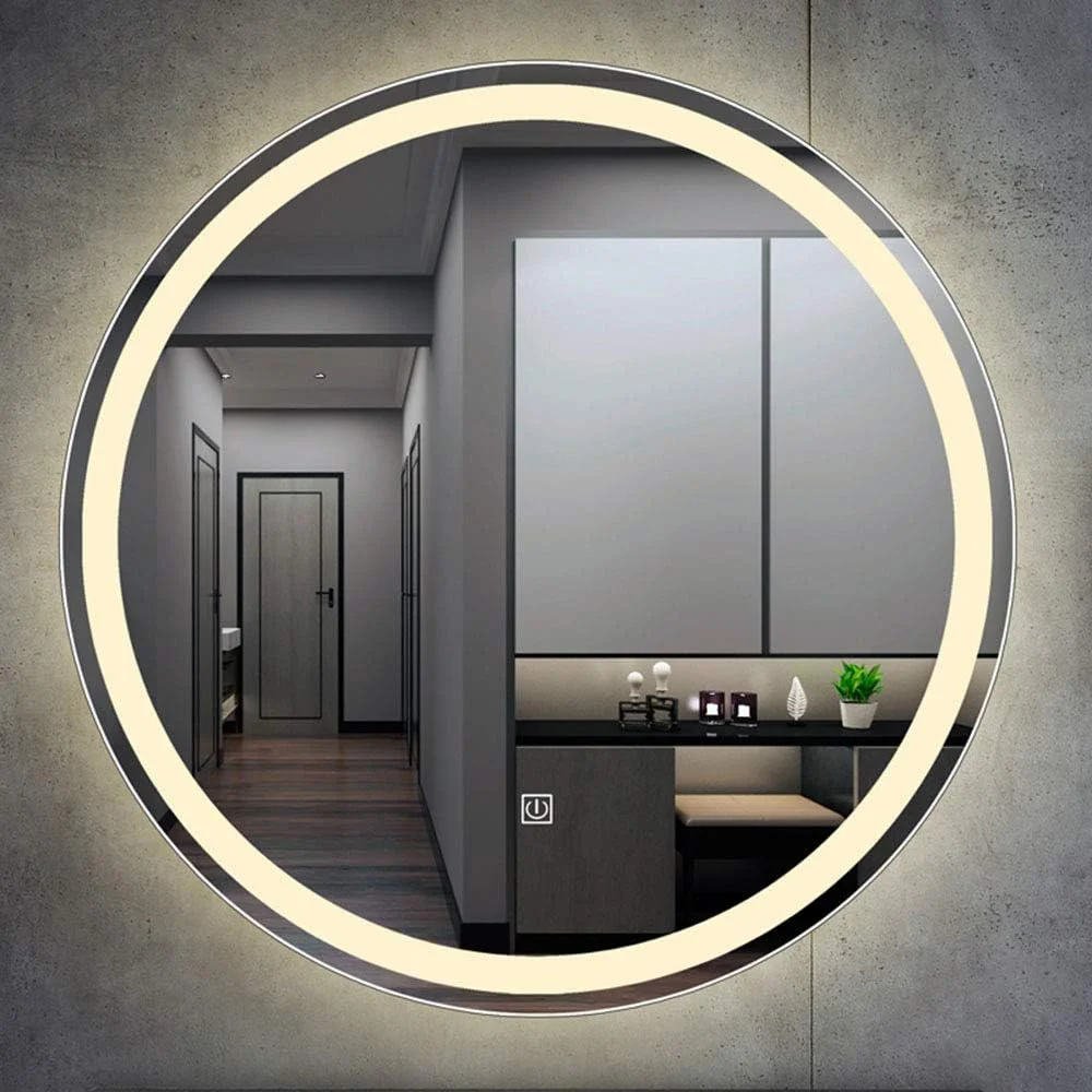 آینه حمام LED هوشمند HFKRNS، آینه آرایشی گرد بدون قاب دیواری با نور، کلید لمسی، تصویر واضح / A2 / 50cm