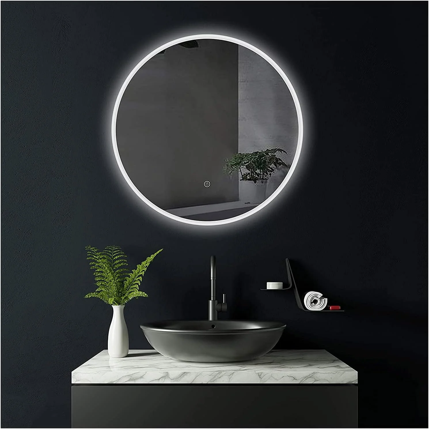 آینه حمام نورپردازی شده HFKRNS با کلید لمسی 500x500/600x600 میلی متر، آینه روشویی LED چند منظوره دیواری با چراغ، صرفه جویی در انرژی (نور سه رنگ)