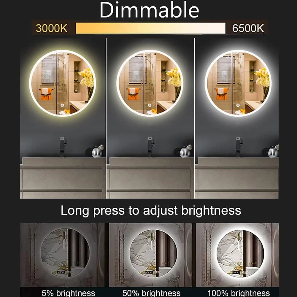 آینه حمام نورپردازی شده HFKRNS با کلید لمسی 500x500/600x600 میلی متر، آینه روشویی LED چند منظوره دیواری با چراغ، صرفه جویی در انرژی (نور سه رنگ)