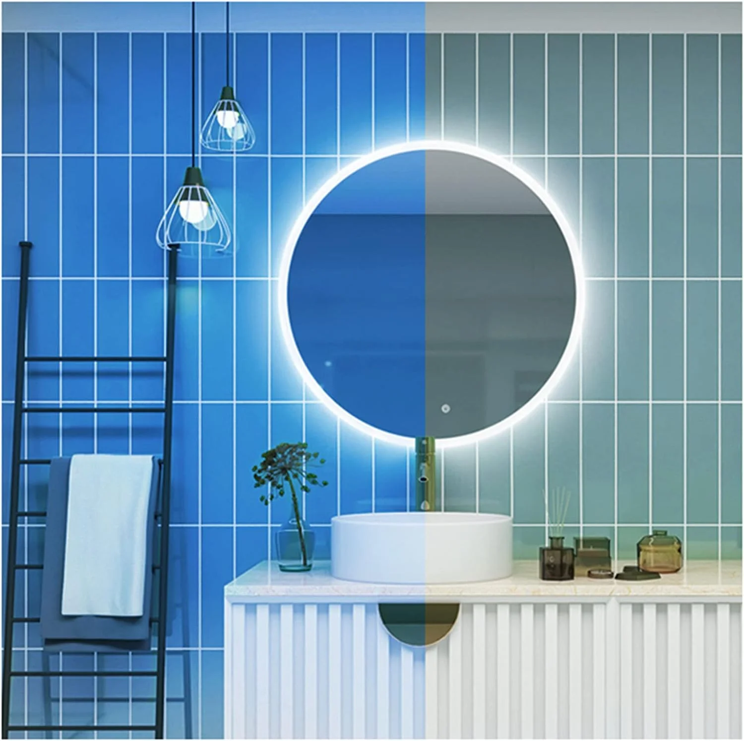 آینه حمام نورپردازی شده HFKRNS با کلید لمسی 500x500/600x600 میلی متر، آینه روشویی LED چند منظوره دیواری با چراغ، صرفه جویی در انرژی (نور سفید 80 سانتی متر (31 اینچ))