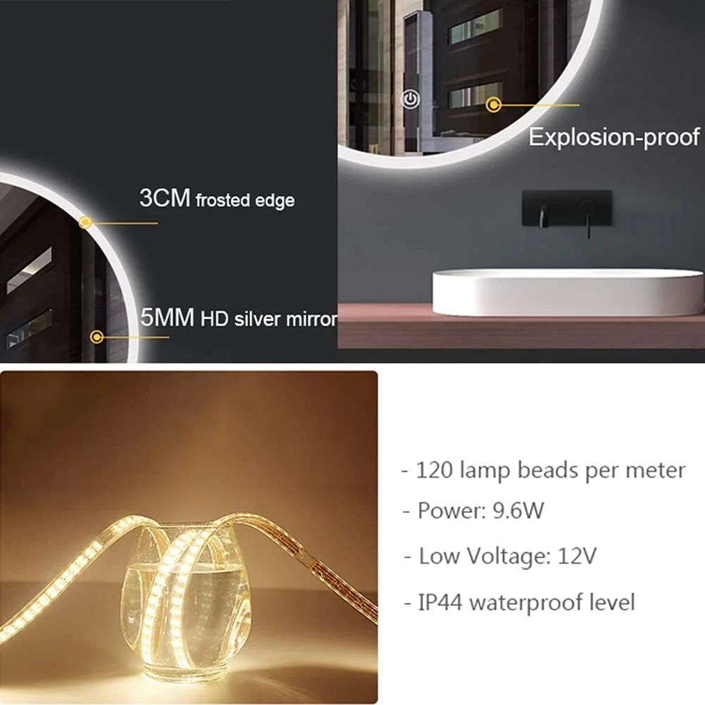 آینه حمام نورپردازی شده HFKRNS با کلید لمسی 500x500/600x600 میلی‌متر، آینه روشویی LED چند منظوره دیواری با چراغ، صرفه‌جویی در انرژی (نور سه رنگ)