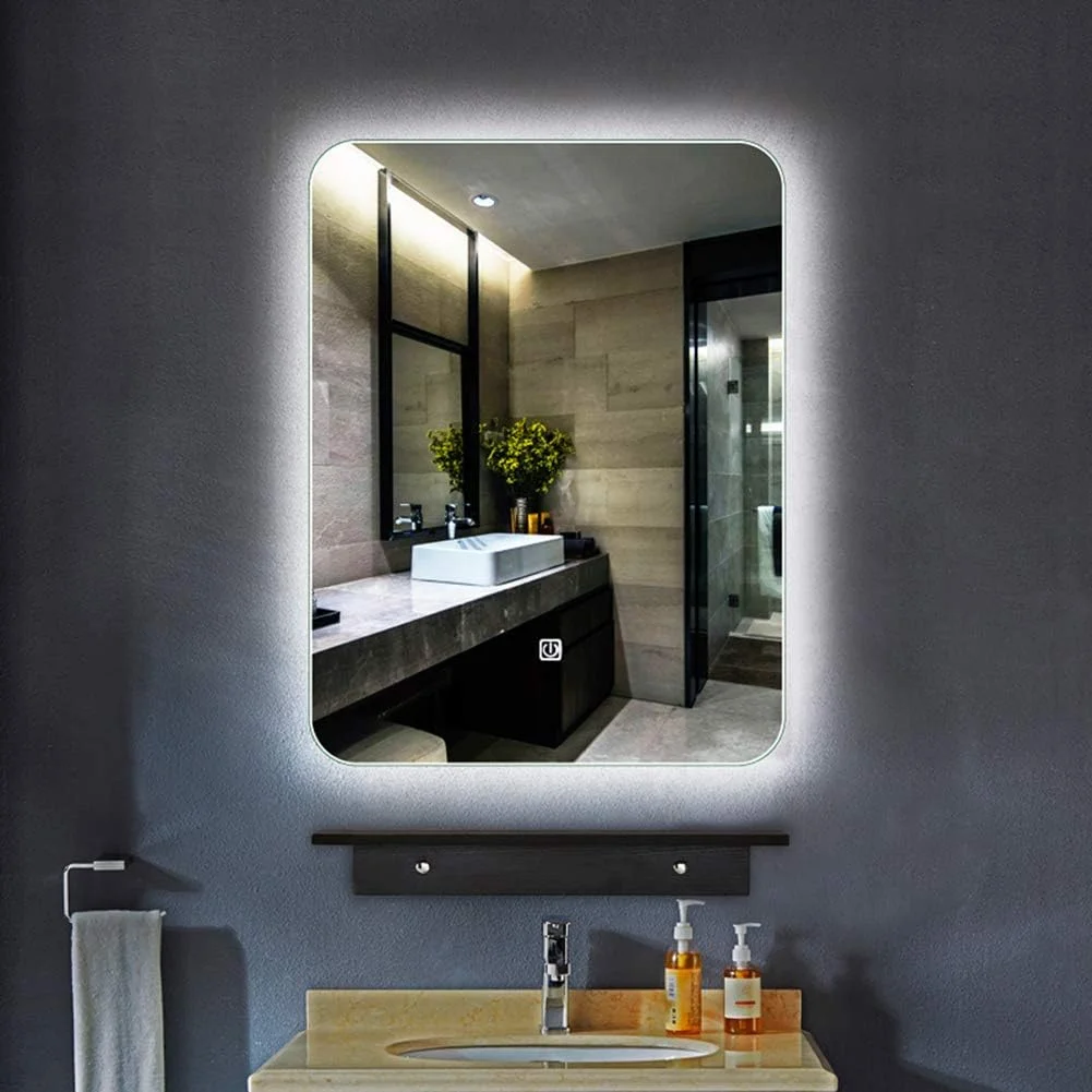 آینه حمام بدون قاب با نور پس زمینه HFKRNS، آینه دیواری برای آرایش/حمام، آینه روشنایی LED هوشمند دیواری، عمودی، مستطیل گرد، مناسب برای آرایش و حمام منزل