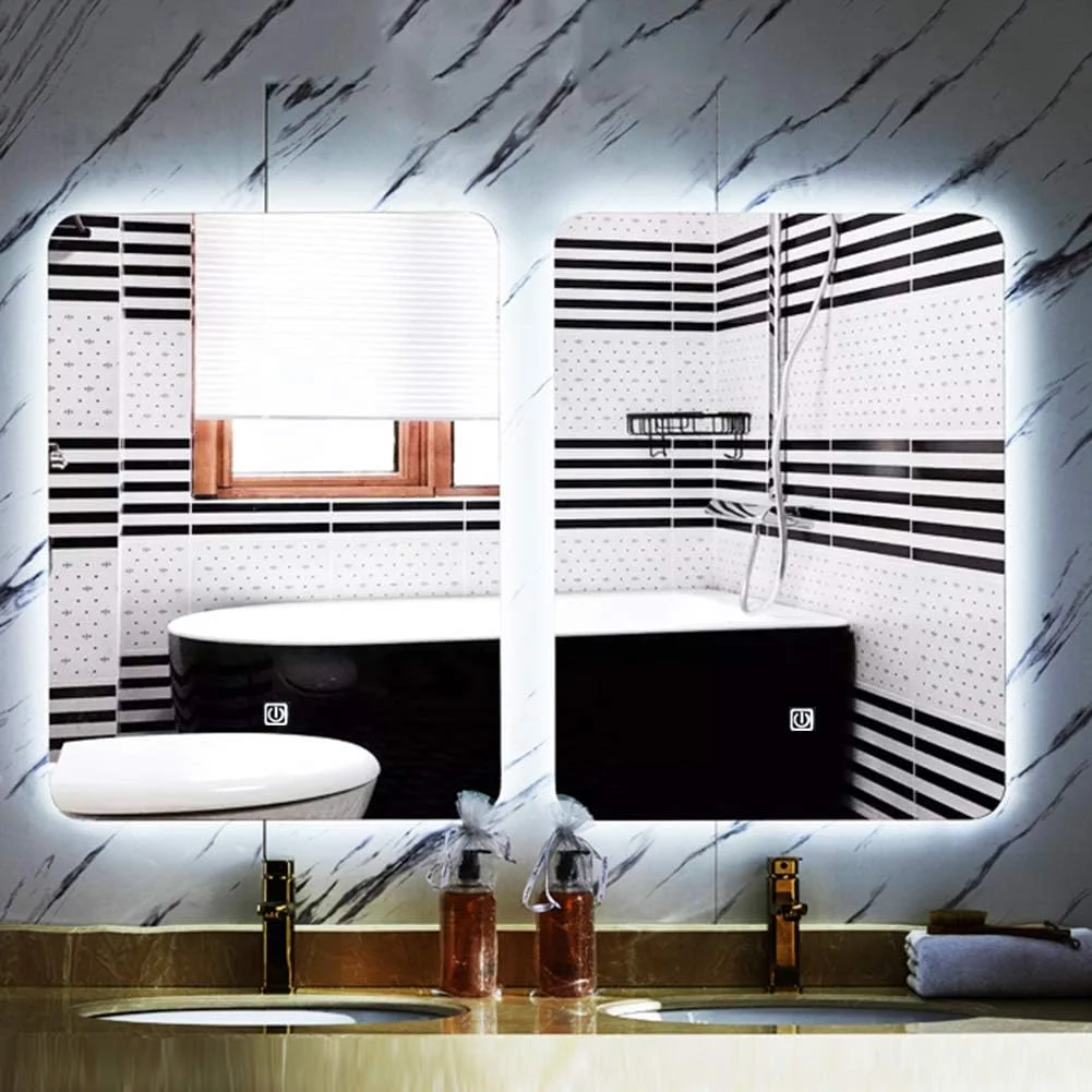 آینه حمام بدون قاب با نور پس زمینه HFKRNS، آینه دیواری برای آرایش/حمام، آینه روشنایی LED هوشمند دیواری، عمودی، مستطیل گرد، مناسب برای آرایش و حمام منزل