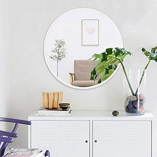 آینه حمام HFKRNS، آینه گرد دیواری، قاب فلزی، تصویر واضح و بادوام / سفید / 60 سانتی متر