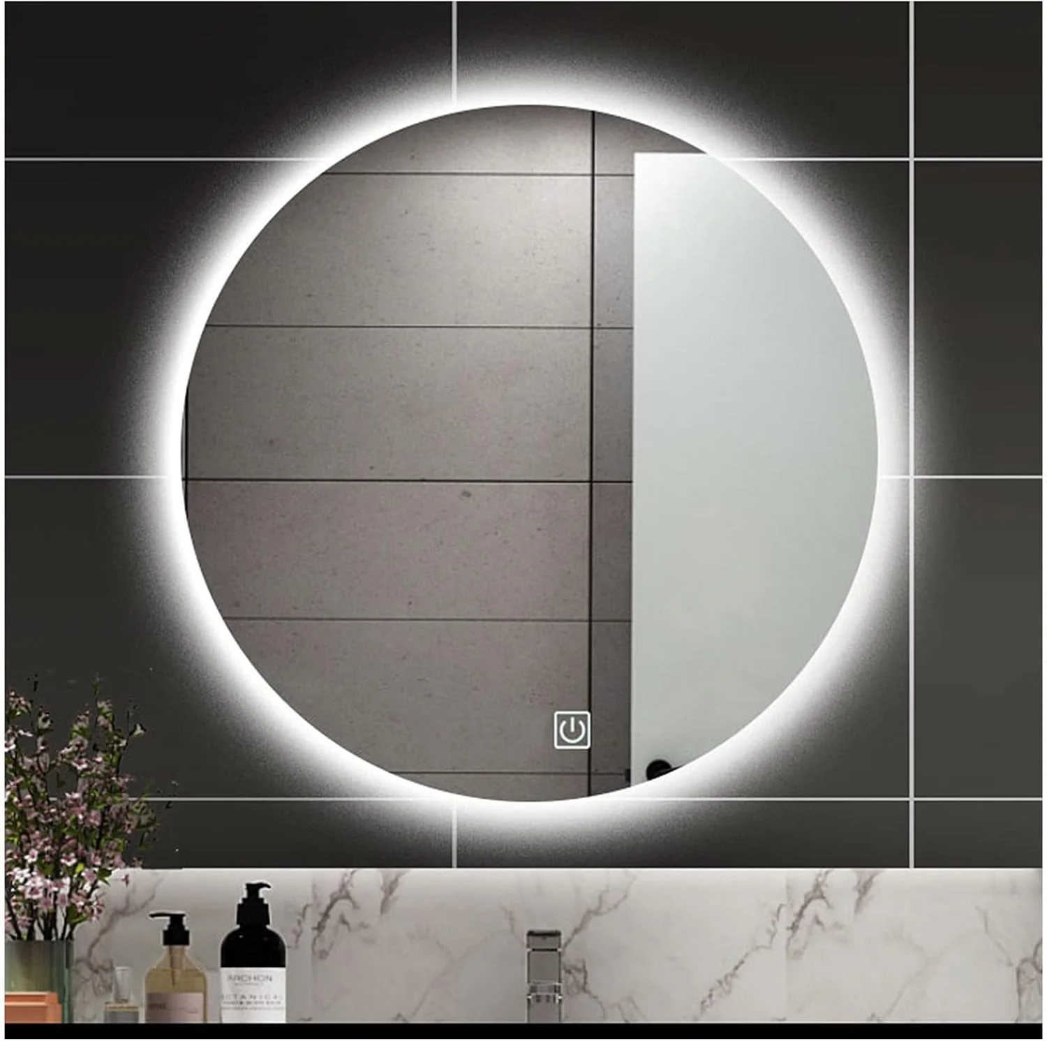 آینه حمام HFKRNS با چراغ های LED مناسب اتاق رختکن، اتاق خواب، هتل، اتاق پودر، 500x500mm/700x700mm/900x900mm، آینه دیواری با پد ضد بخار، IP44، حسگر لمسی (نور سفید + ضد مه)