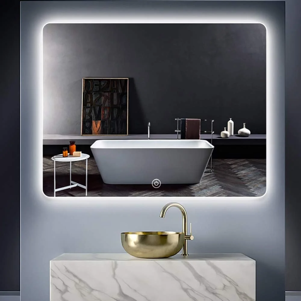 آینه حمام HFKRNS، آینه بزرگ، آینه حمام LED با نور پس زمینه 50x70 سانتی متر، آینه روشویی دیواری، ضد مه، اتاق نشیمن، روشویی، آینه مستطیلی اتاق خواب (لمسی + ضد مه + نور دوگانه)