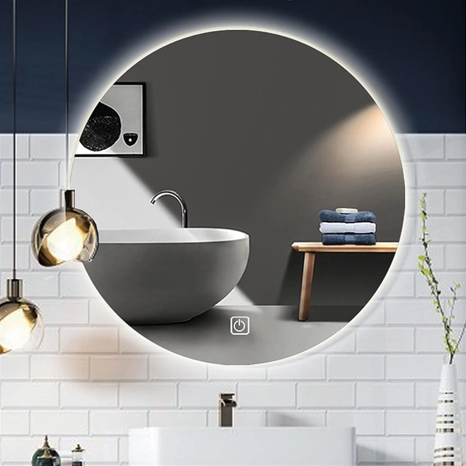 آینه حمام HFKRNS با چراغ های LED مناسب اتاق رختکن، اتاق خواب، هتل، اتاق پودر، 500x500mm/700x700mm/900x900mm، آینه دیواری با پد ضد بخار، IP44، حسگر لمسی (نور سفید + ضد مه)