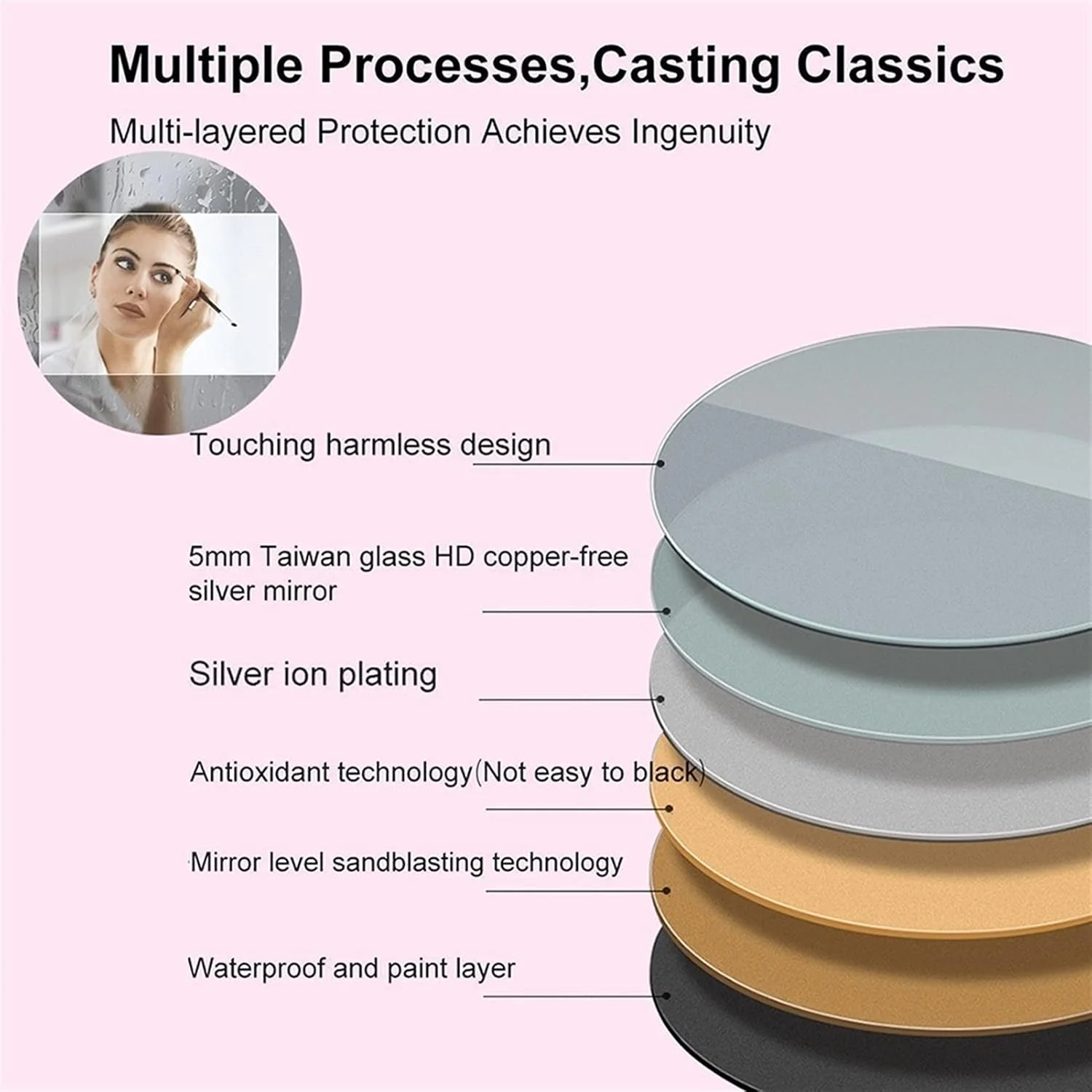 آینه حمام HFKRNS با چراغ های LED مناسب اتاق رختکن، اتاق خواب، هتل، اتاق پودر، 500x500mm/700x700mm/900x900mm، آینه دیواری با پد ضد بخار، IP44، حسگر لمسی (نور سفید + ضد مه)