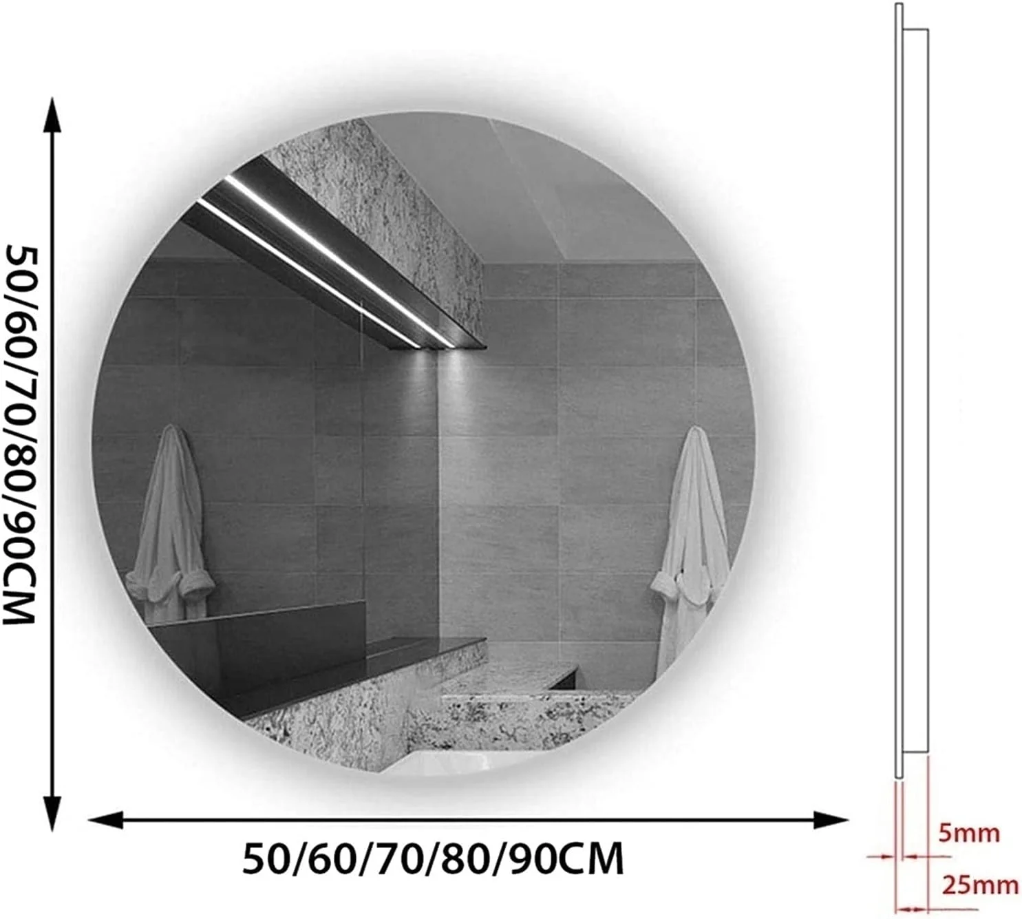 آینه حمام HFKRNS با چراغ های LED مناسب اتاق رختکن، اتاق خواب، هتل، اتاق پودر، 500x500mm/700x700mm/900x900mm، آینه دیواری با پد ضد بخار، IP44، حسگر لمسی (نور سفید + ضد مه)