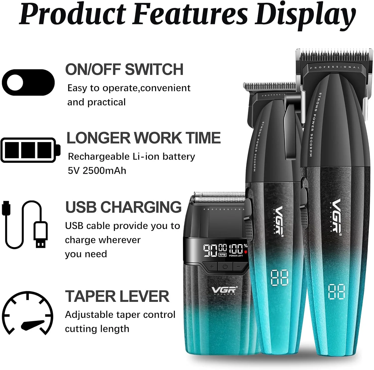 ست ماشین اصلاح موی سر حرفه ای 3 در 1 VGR 640S3، ماشین اصلاح موی 9000 دور در دقیقه برای مردان، ست ماشین اصلاح و فویلی حرفه ای، ست ترکیبی آرایشگری بی سیم مردانه برای خانه، برای او (سبز)