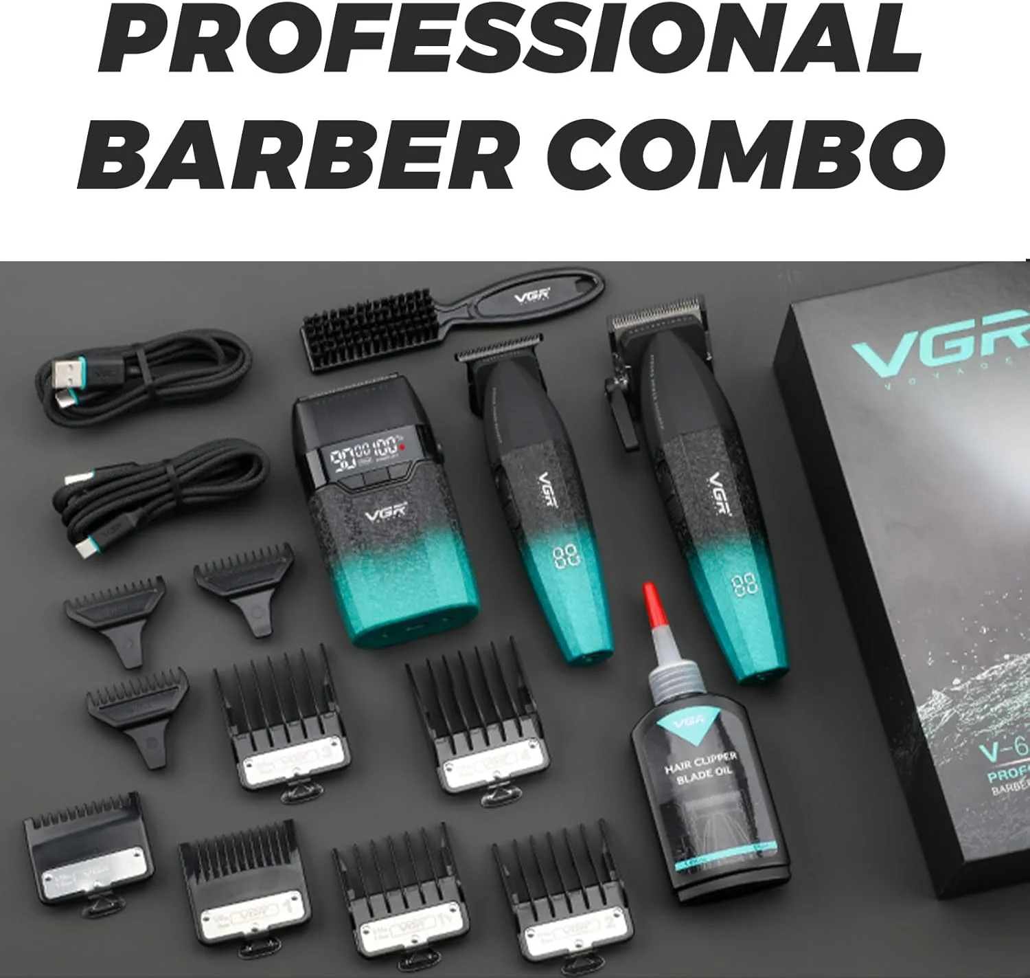 ست ماشین اصلاح موی سر حرفه ای 3 در 1 VGR 640S3، ماشین اصلاح موی 9000 دور در دقیقه برای مردان، ست ماشین اصلاح و فویلی حرفه ای، ست ترکیبی آرایشگری بی سیم مردانه برای خانه، برای او (سبز)