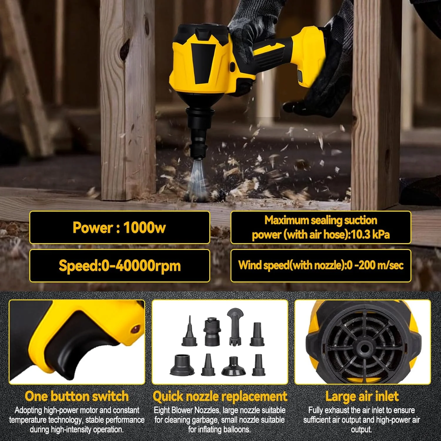 دمنده گرد و غبار بی سیم Gotrain برای باتری 18 ولت / 20 ولت Dewalt، دمنده هوای فشرده 1000 وات 0-40000 دور در دقیقه، دمنده دستی، دمنده خاک اره، دمنده خشک جت، دمنده هوا برای خودرو و خانه (بدون باتری)