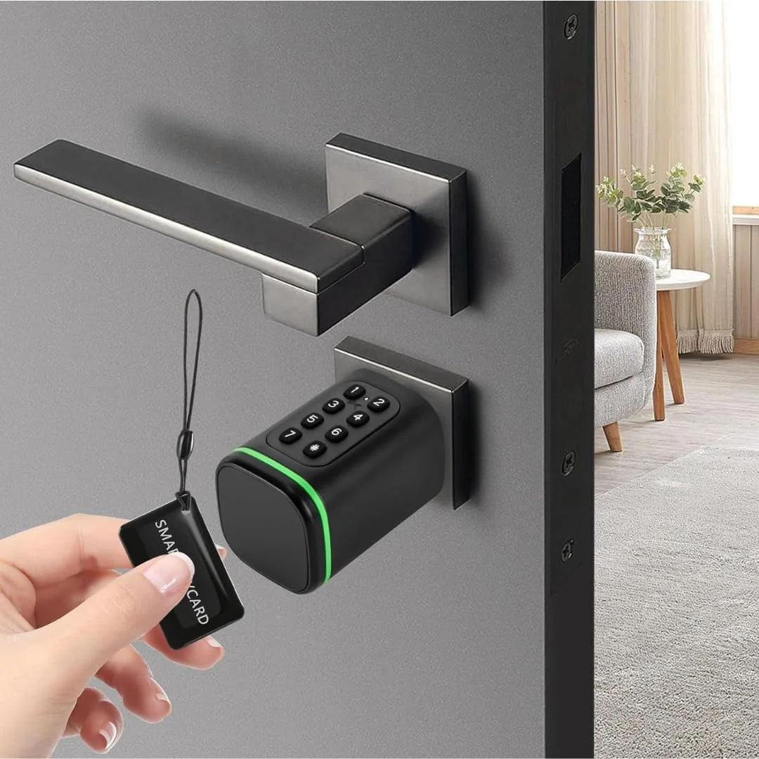 سیلندر قفل درب هوشمند الکترونیکی KNP برای همه دستگیره های درب موجود، 5 عملکرد - اثر انگشت، رمز عبور، برنامه تلفن همراه، کارت IC هوشمند، کلید فلزی 10 x 15 x 10 سانتی متر