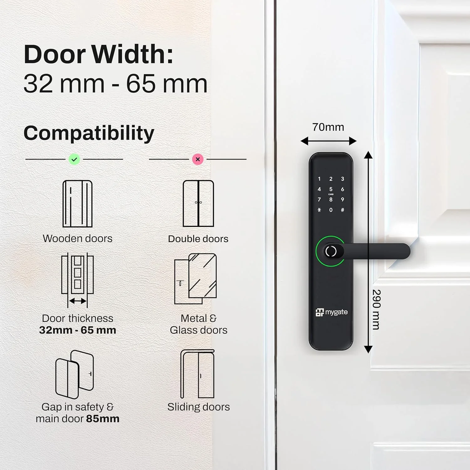 قفل درب هوشمند Mygate مدل SE با 6 روش باز کردن قفل، اثر انگشت، رمز یکبار مصرف، پین، کارت RFID، کلید و دسترسی از طریق اپلیکیشن موبایل، انجماد غیرمجاز و پین فریبنده، باز کردن قفل از راه دور از طریق رمز یکبار مصرف، مشکی
