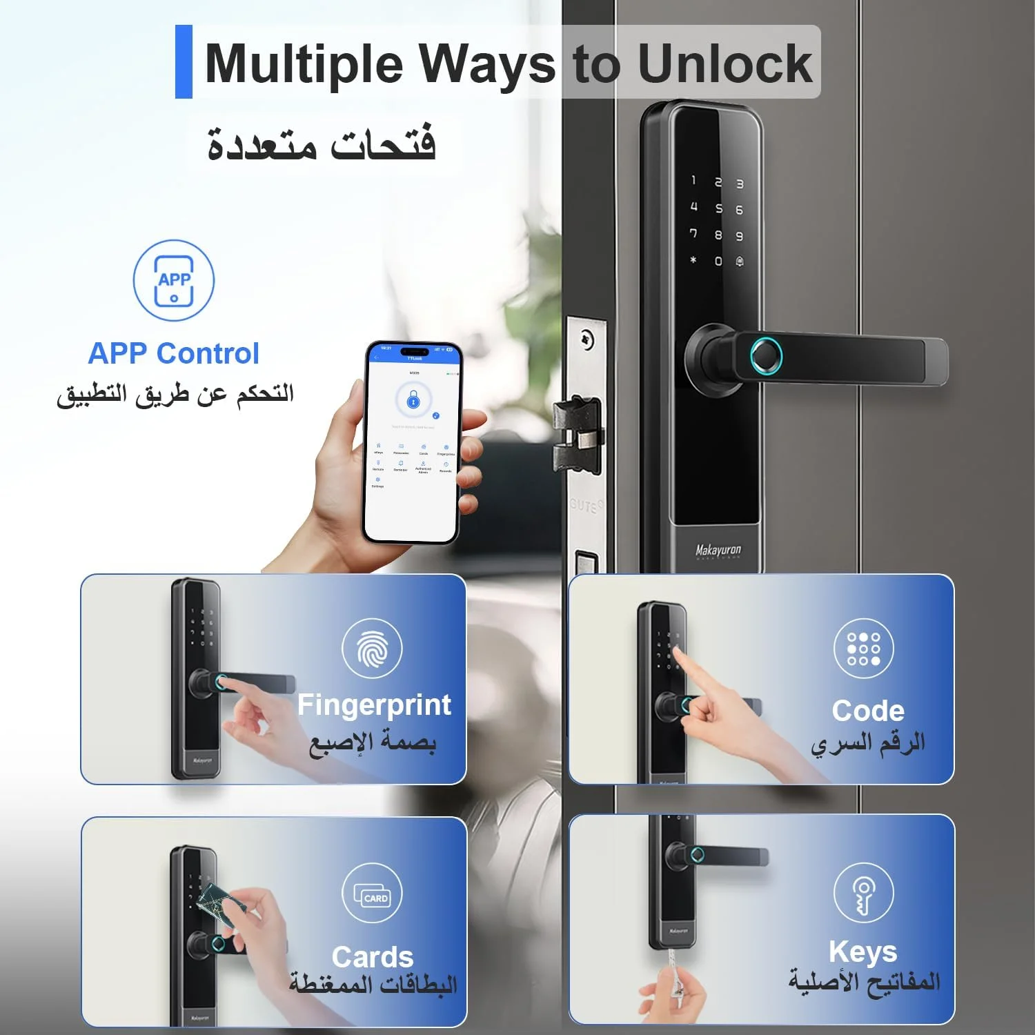 قفل هوشمند درب Makayuron با مورتایز 4585 با 5 روش باز کردن قفل – برنامه TTLock بلوتوث، اثر انگشت، رمز عبور، 7 کارت و کلید مکانیکی – ورود بدون کلید ایمن برای خانه و دفتر (M305TTble, Black)