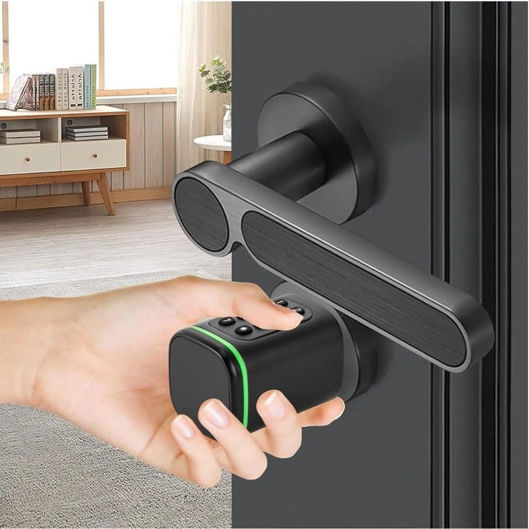 سیلندر قفل درب هوشمند الکترونیکی KNP برای همه دستگیره های درب موجود، 5 عملکرد - اثر انگشت، رمز عبور، برنامه تلفن همراه، کارت IC هوشمند، کلید فلزی 10 x 15 x 10 سانتی متر