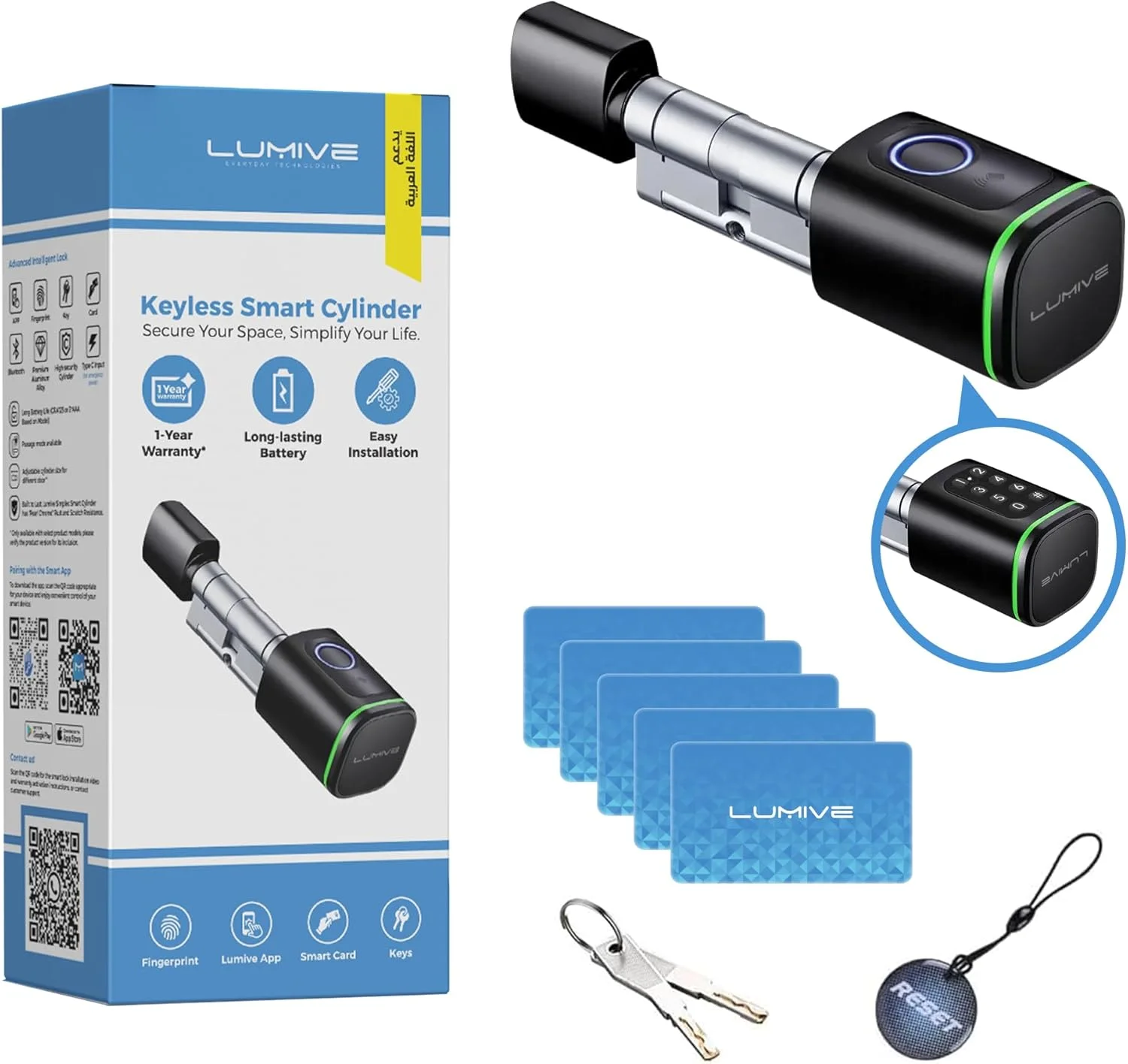 قفل درب هوشمند Lumive I قفل درب اثر انگشتی I باز کردن قفل با برنامه بلوتوث I 2 کلید 5 کارت RFID I سیلندر ثابت I مشکی [شامل باتری] (اثر انگشت + صفحه کلید، مشکی، قابل تنظیم 60-90 میلی متر)