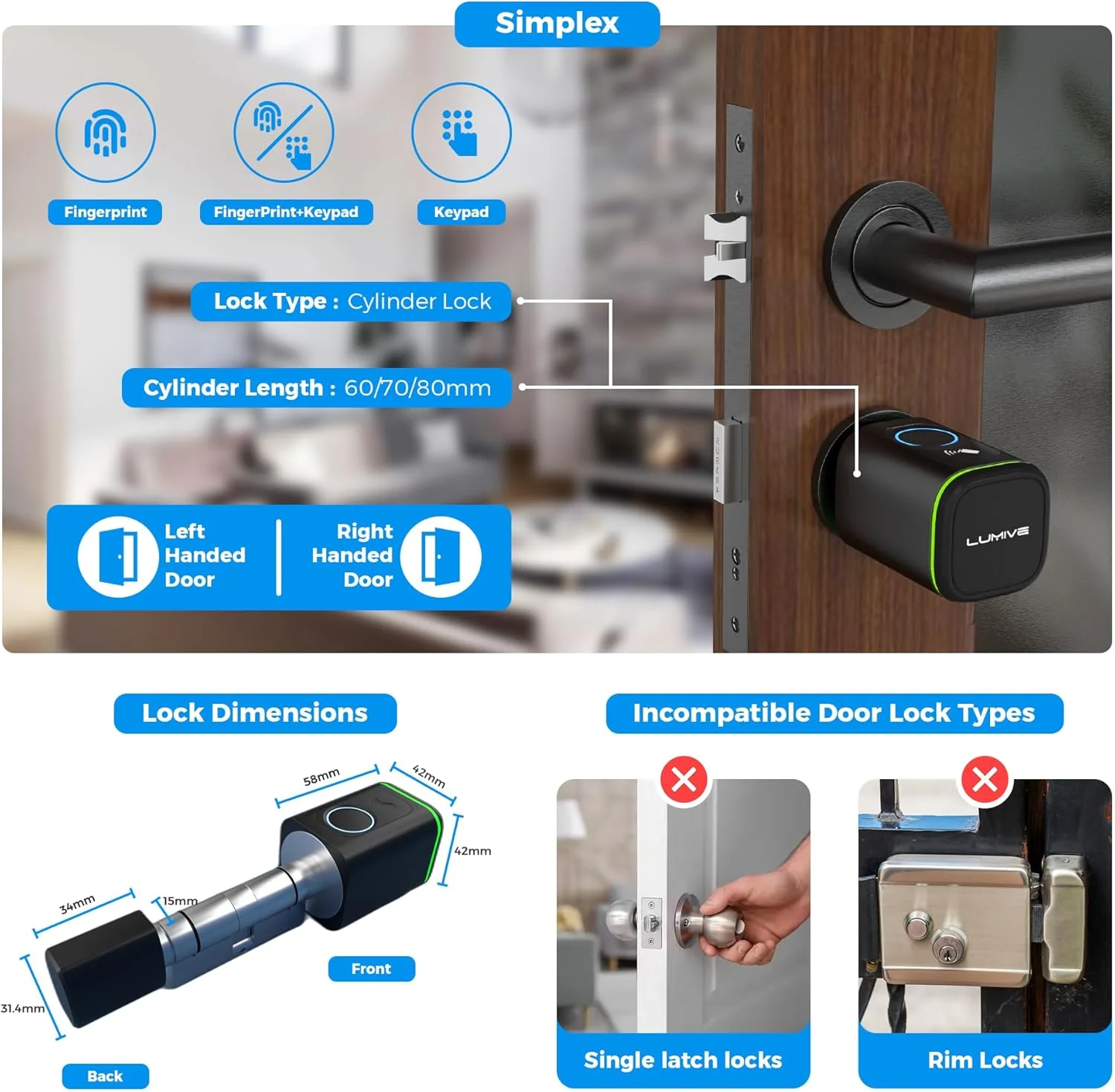 قفل درب هوشمند Lumive I قفل درب اثر انگشتی I باز کردن قفل با برنامه بلوتوث I 2 کلید 5 کارت RFID I سیلندر ثابت I مشکی [شامل باتری] (اثر انگشت + صفحه کلید، مشکی، قابل تنظیم 60-90 میلی متر)