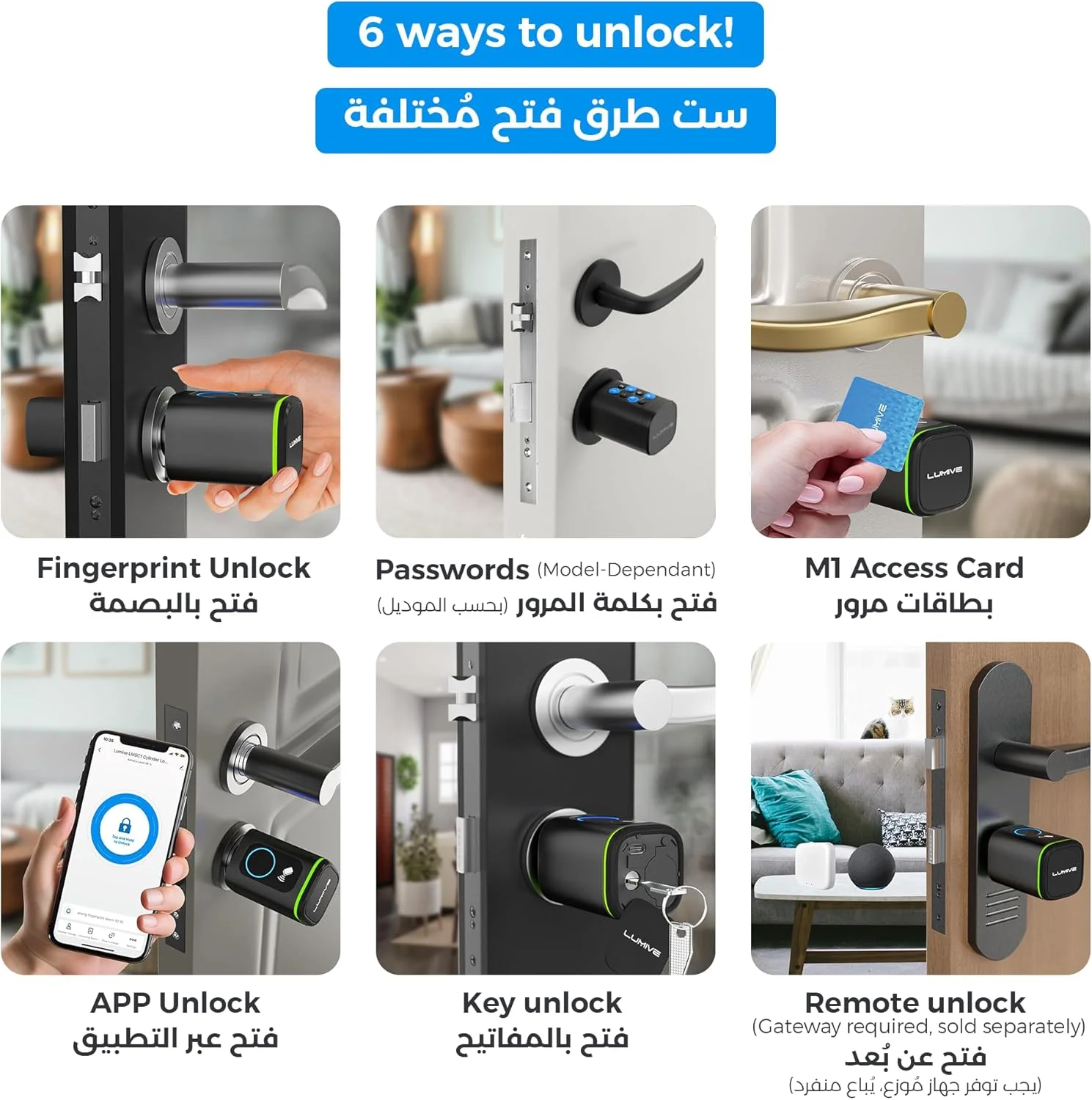 قفل درب هوشمند Lumive I قفل درب اثر انگشتی I باز کردن قفل با برنامه بلوتوث I 2 کلید 5 کارت RFID I سیلندر ثابت I مشکی [شامل باتری] (اثر انگشت + صفحه کلید، مشکی، قابل تنظیم 60-90 میلی متر)