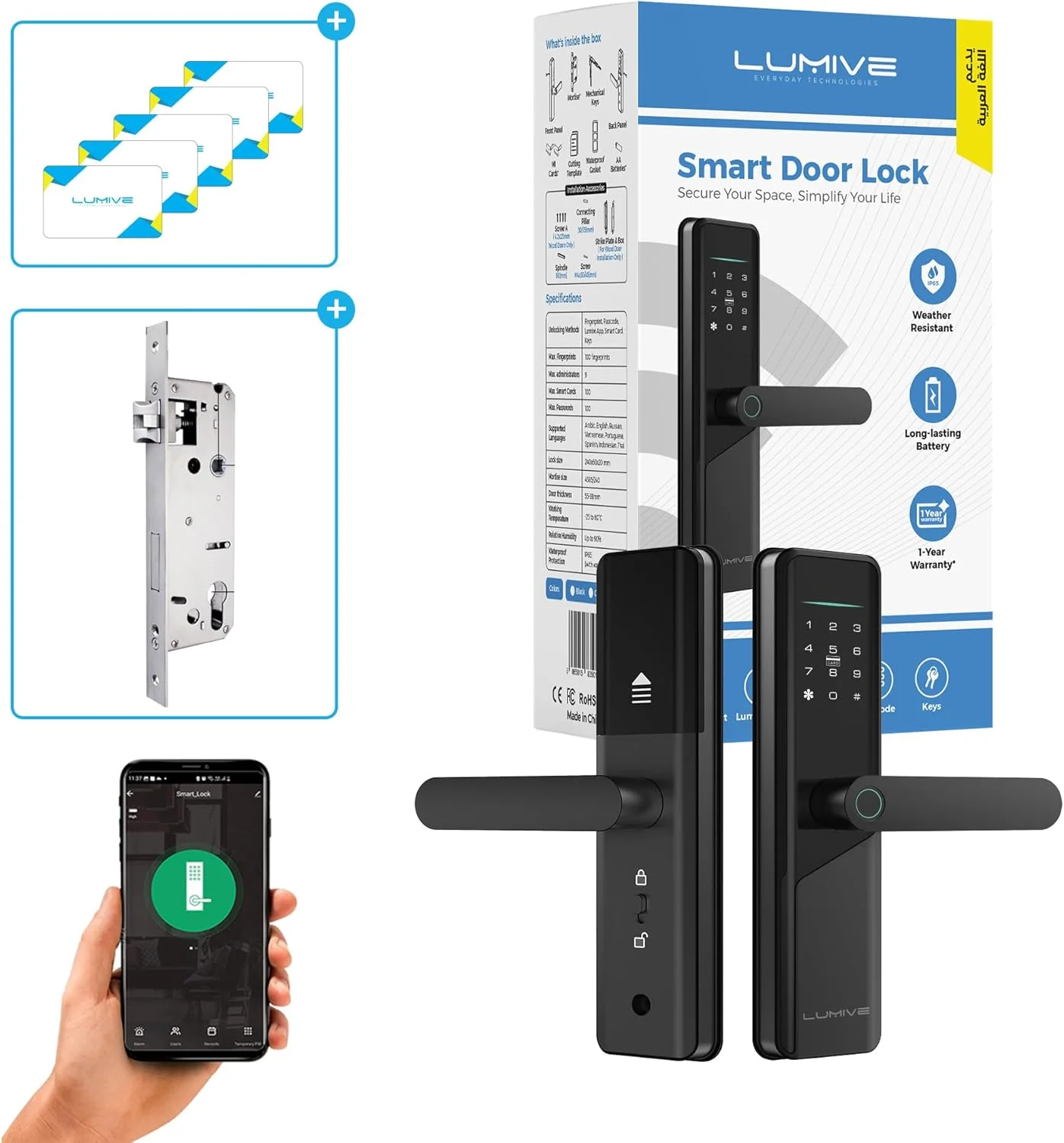 قفل درب هوشمند Lumive با پشتیبانی از زبان عربی، مورتایز 4585 نسخه KSA، قفل درب اثر انگشتی با اپلیکیشن WiFi، ورود با اثر انگشت، قفل درب بیومتریک با صفحه کلید، کلیدها، 5 کارت RFID