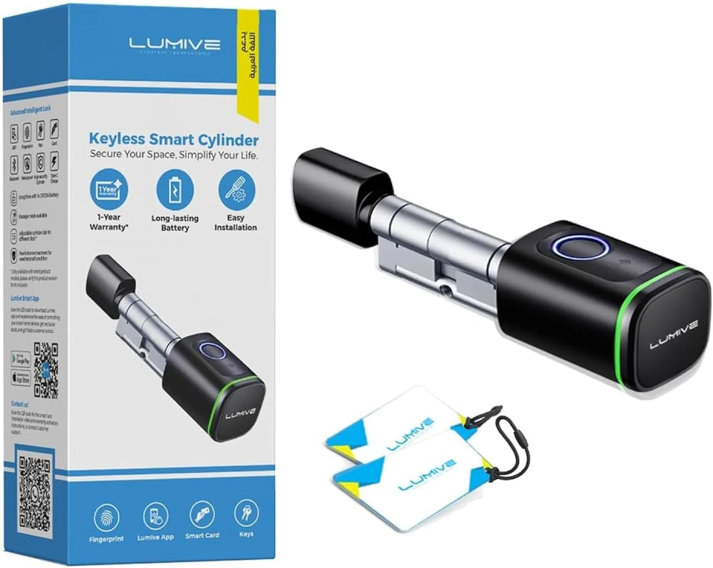 قفل درب هوشمند Lumive، قفل درب اثر انگشتی، باز کردن قفل با برنامه بلوتوث، 2 کلید، 2 کارت RFID، سیلندر ثابت، مشکی [شامل باتری] (اثر انگشت، مشکی، 80 میلی متر)