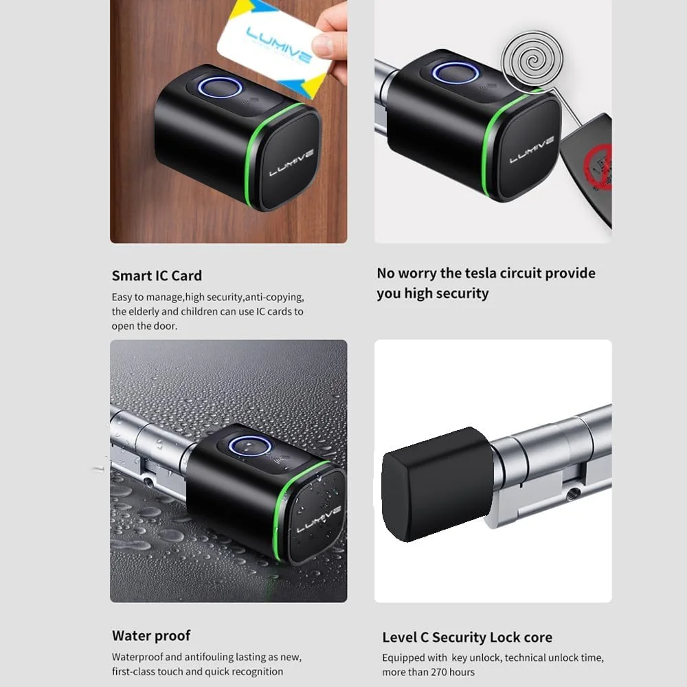 قفل درب هوشمند Lumive، قفل درب اثر انگشتی، باز کردن قفل با برنامه بلوتوث، 2 کلید، 2 کارت RFID، سیلندر ثابت، مشکی [شامل باتری] (اثر انگشت، مشکی، 80 میلی متر)