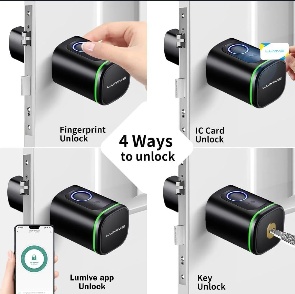 قفل درب هوشمند Lumive، قفل درب اثر انگشتی، باز کردن قفل با برنامه بلوتوث، 2 کلید، 2 کارت RFID، سیلندر ثابت، مشکی [شامل باتری] (اثر انگشت، مشکی، 80 میلی متر)