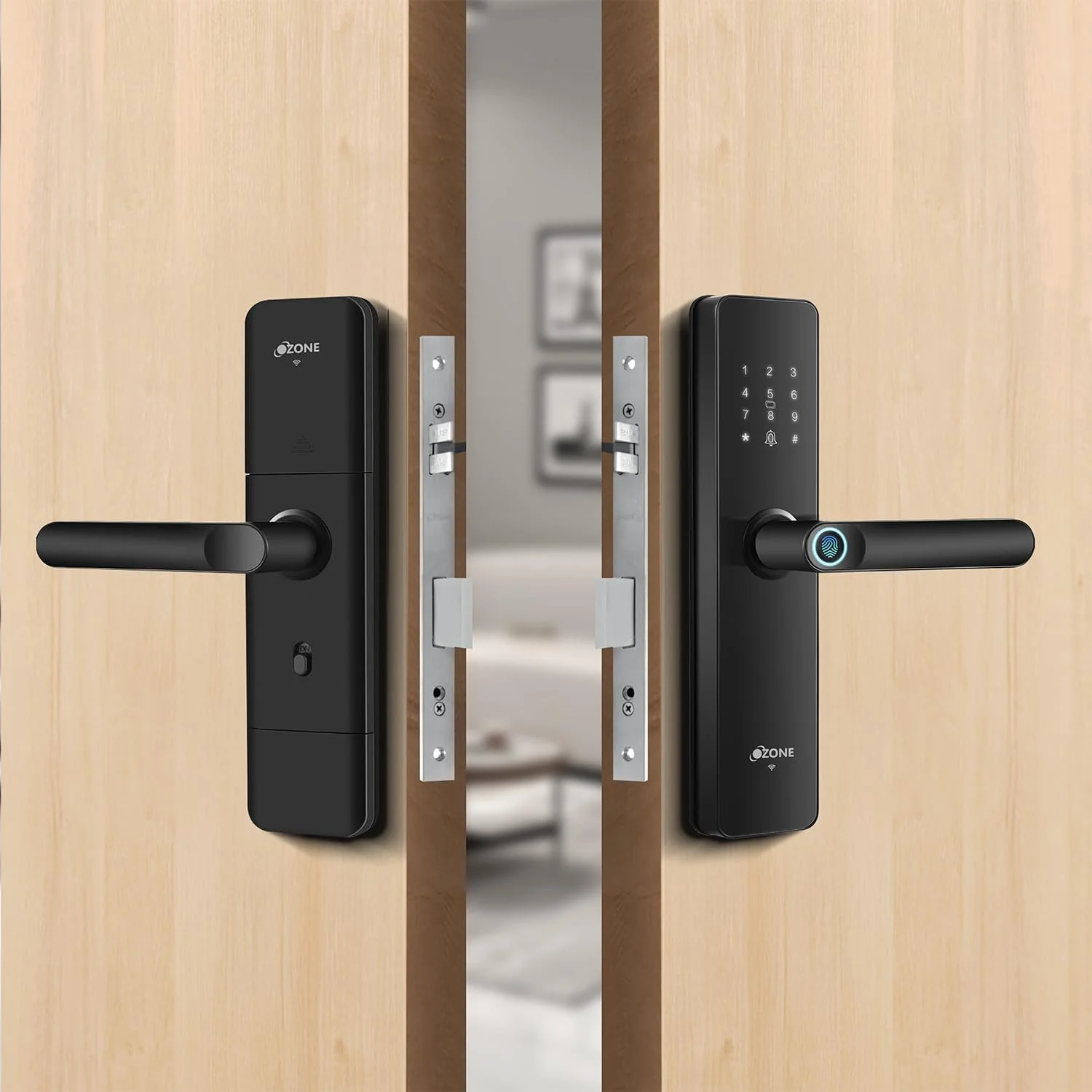 قفل درب دیجیتال بیومتریک هوشمند Ozone برای درب اصلی (استاندارد با Wi-Fi، مشکی)