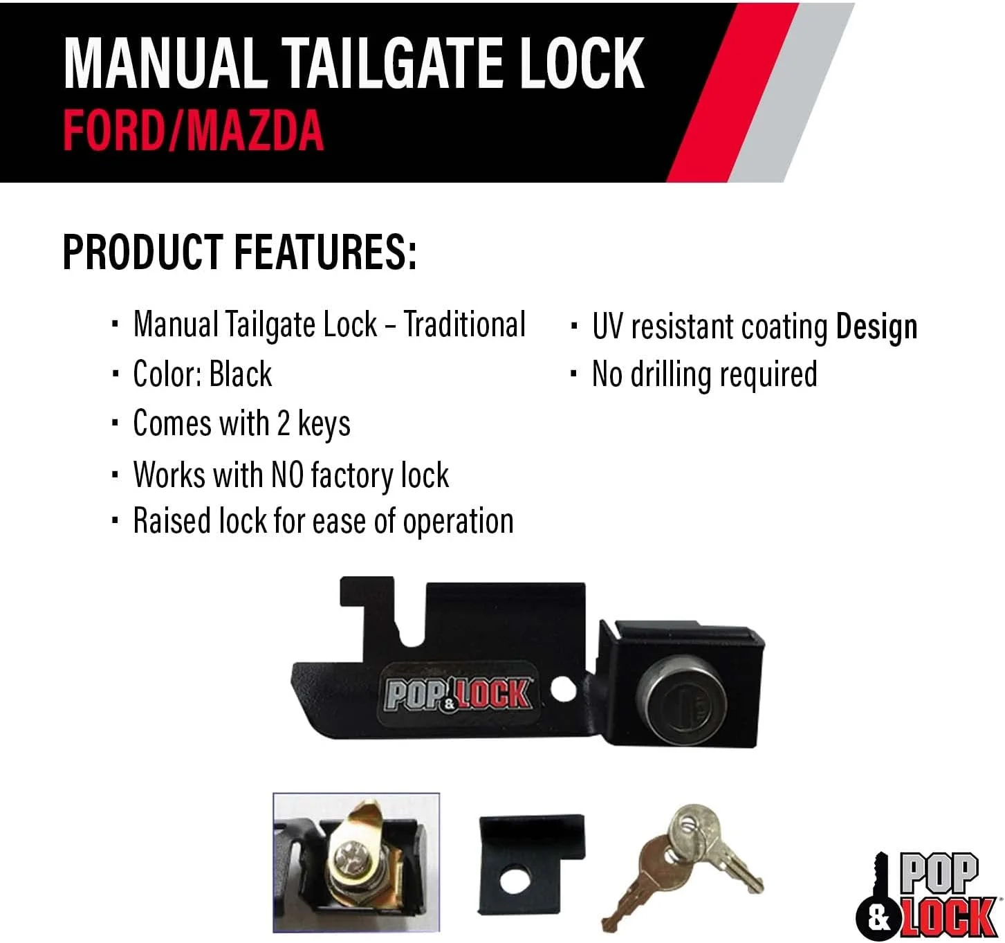 قفل دستی درب عقب POP & Lock برای فورد F150، مناسب برای مدل های 1987 تا 1996، سازگار با دستگیره پلاستیکی فابریک، ضد سرقت، جایگزینی قفل درب عقب کامیون، نصب آسان، ساخت آمریکا (مشکی، PL2310)