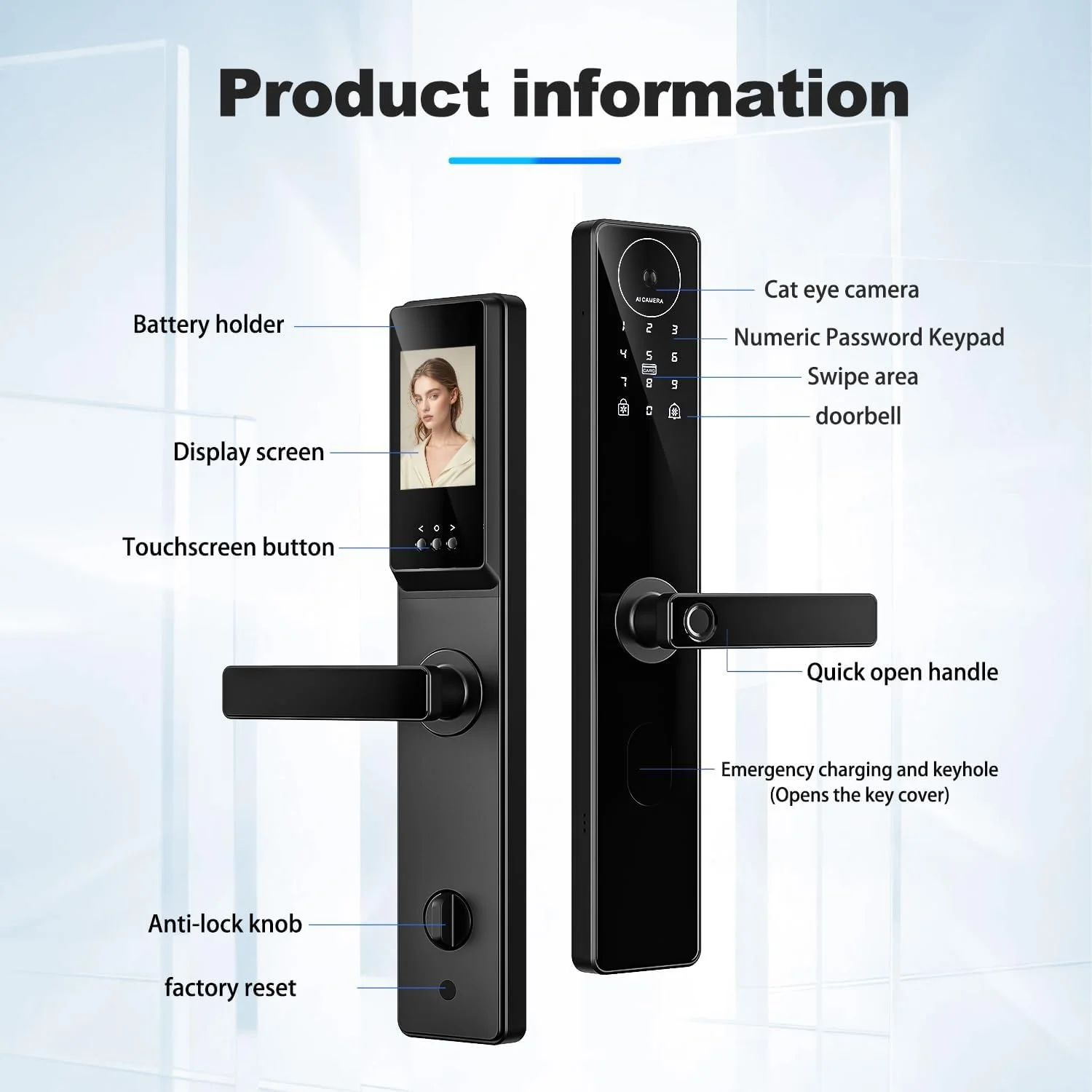 قفل هوشمند Pohaytipe با چشمی گربه ای، قفل درب صوتی و تصویری دو طرفه با دوربین، قفل درب اثر انگشتی با کنترل برنامه، قفل درب هوشمند دیجیتال صفحه کلید Wi-Fi (K1proU، مشکی)