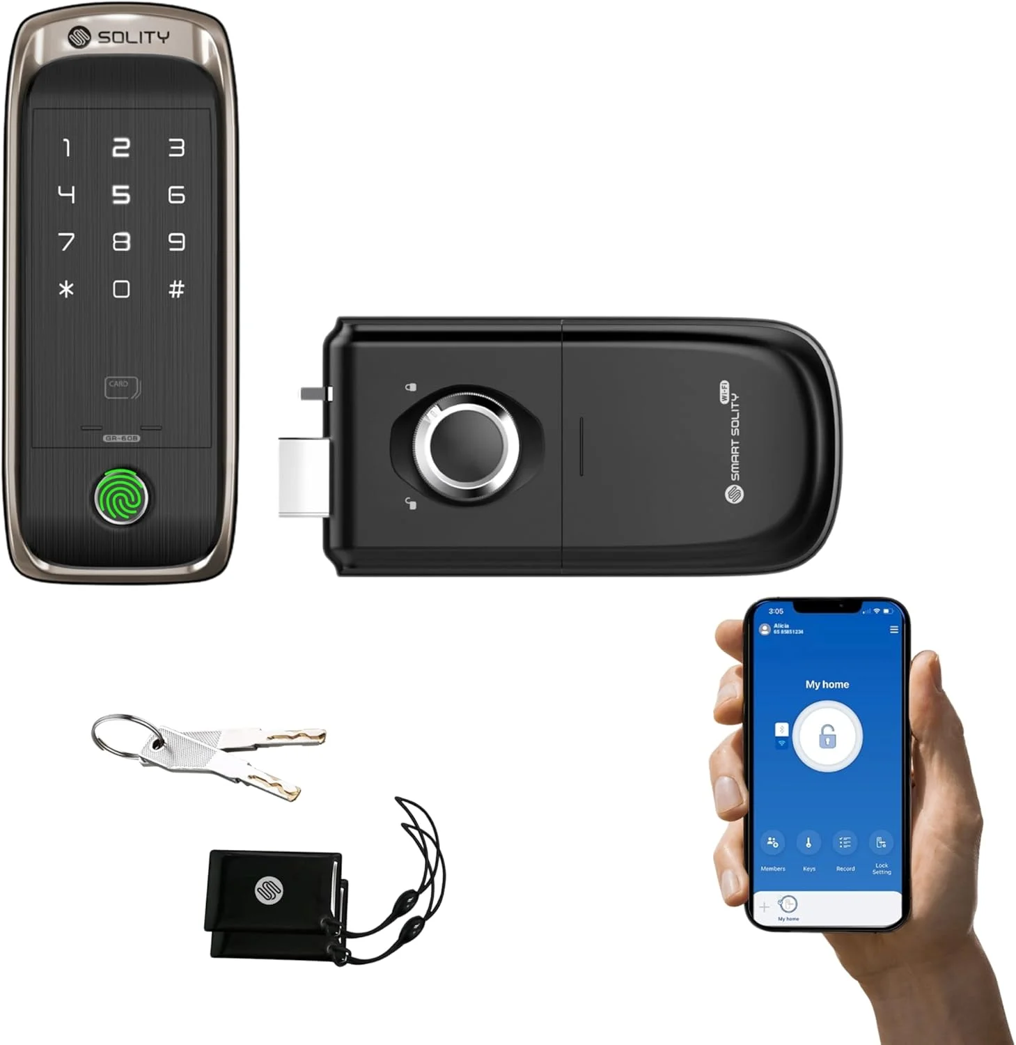 قفل درب ریم هوشمند پریمیوم Solity GR-60B - دسترسی بلوتوث با اثر انگشت، کد پین، RFID و کنترل برنامه موبایل | ساخت کره