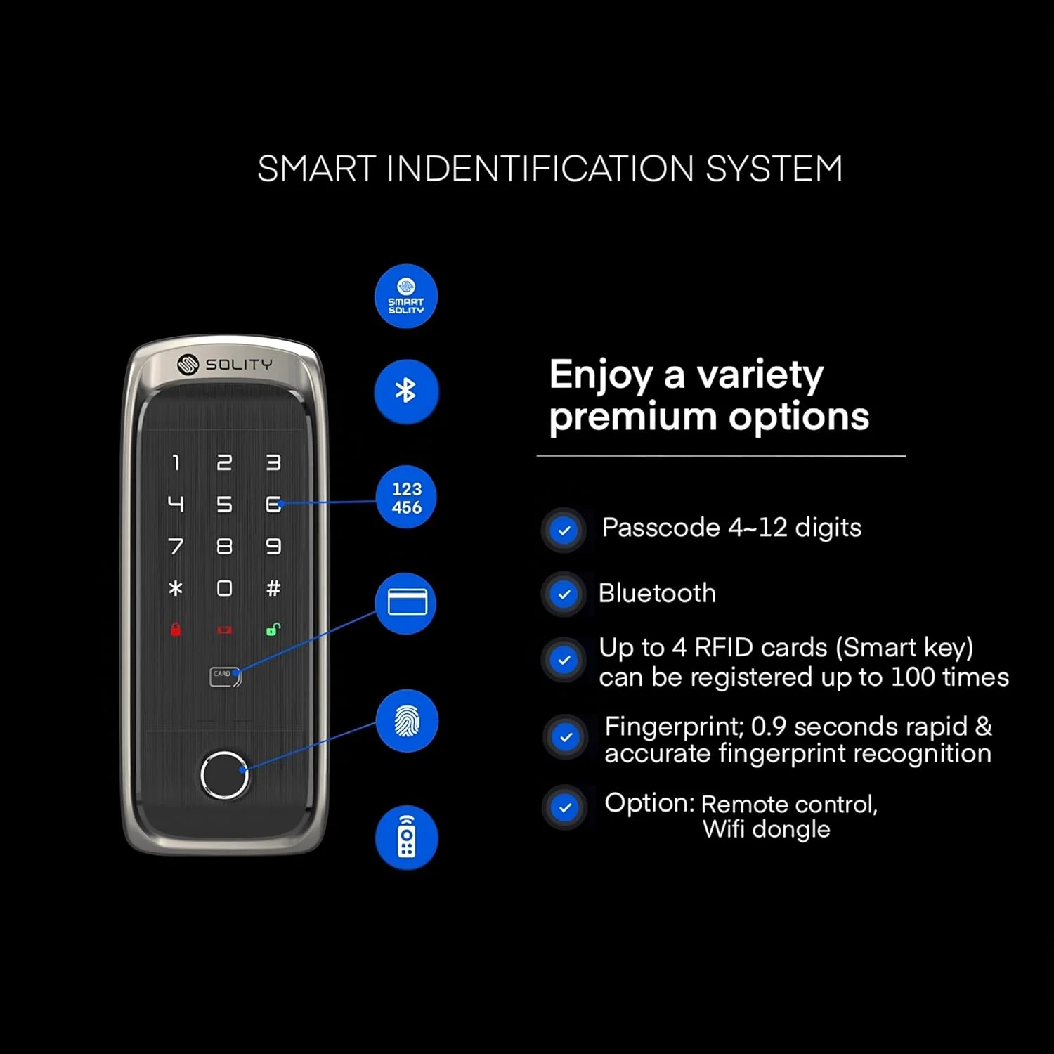 قفل درب ریم هوشمند پریمیوم Solity GR-60B - دسترسی بلوتوث با اثر انگشت، کد پین، RFID و کنترل برنامه موبایل | ساخت کره