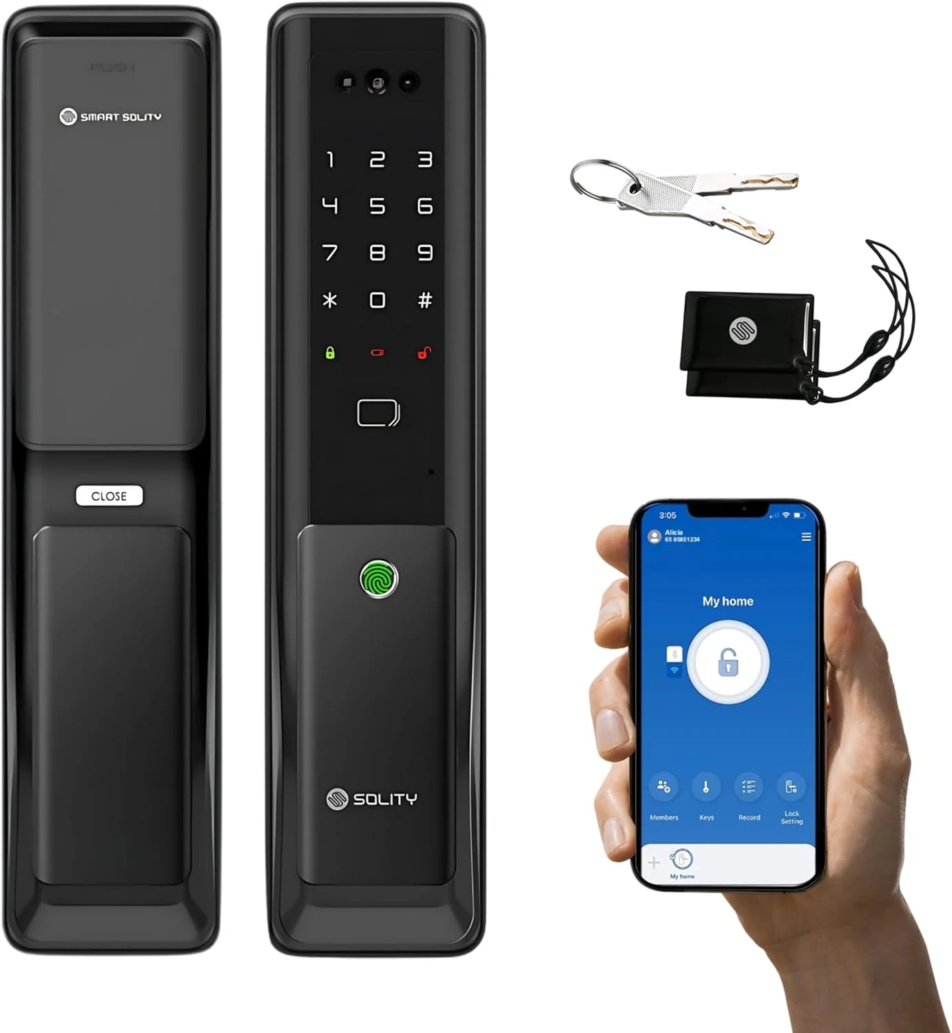 قفل درب هوشمند پریمیوم Solity GP-6000BAK – تشخیص چهره، اثر انگشت، کد پین، کارت RFID و دسترسی از طریق اپلیکیشن موبایل، اپلیکیشن هوشمند Solity، ساخت کره