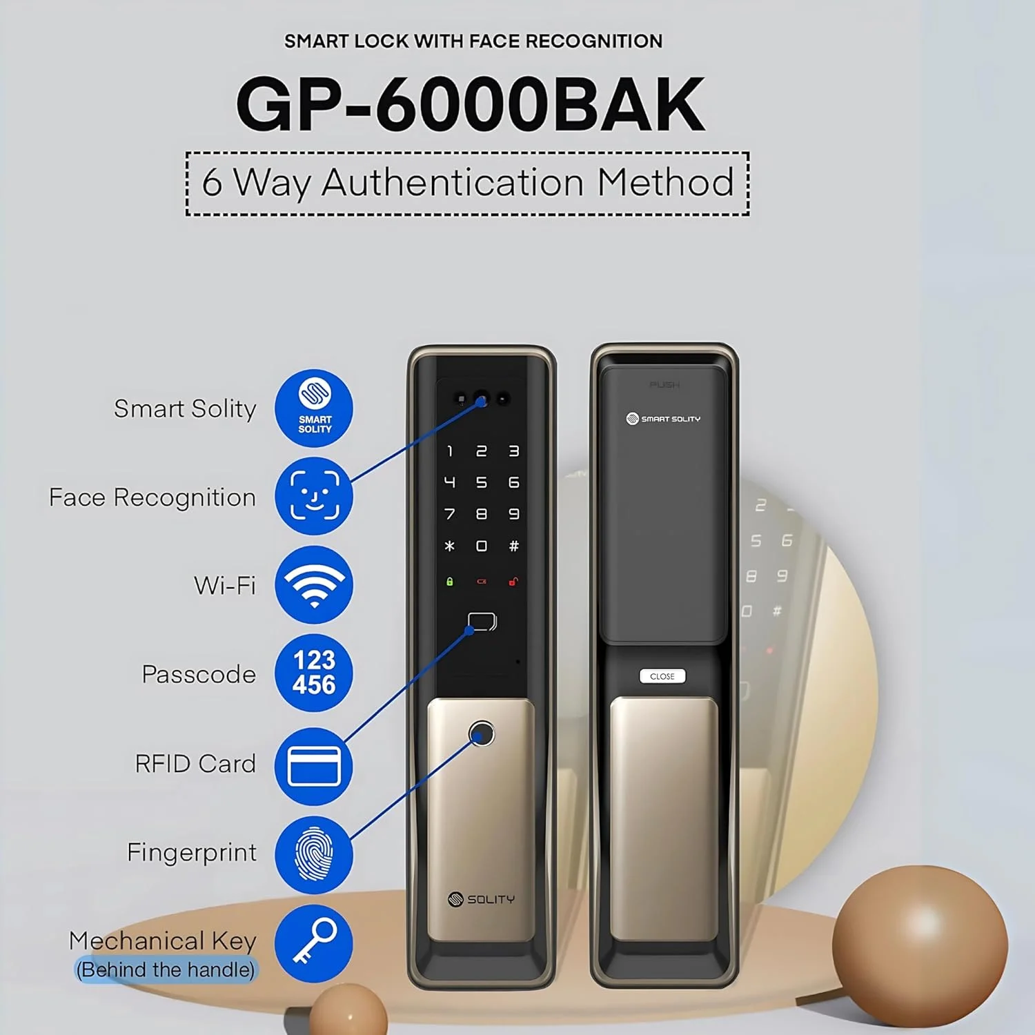 قفل درب هوشمند پریمیوم Solity GP-6000BAK – تشخیص چهره، اثر انگشت، کد پین، کارت RFID و دسترسی از طریق اپلیکیشن موبایل، اپلیکیشن هوشمند Solity، ساخت کره