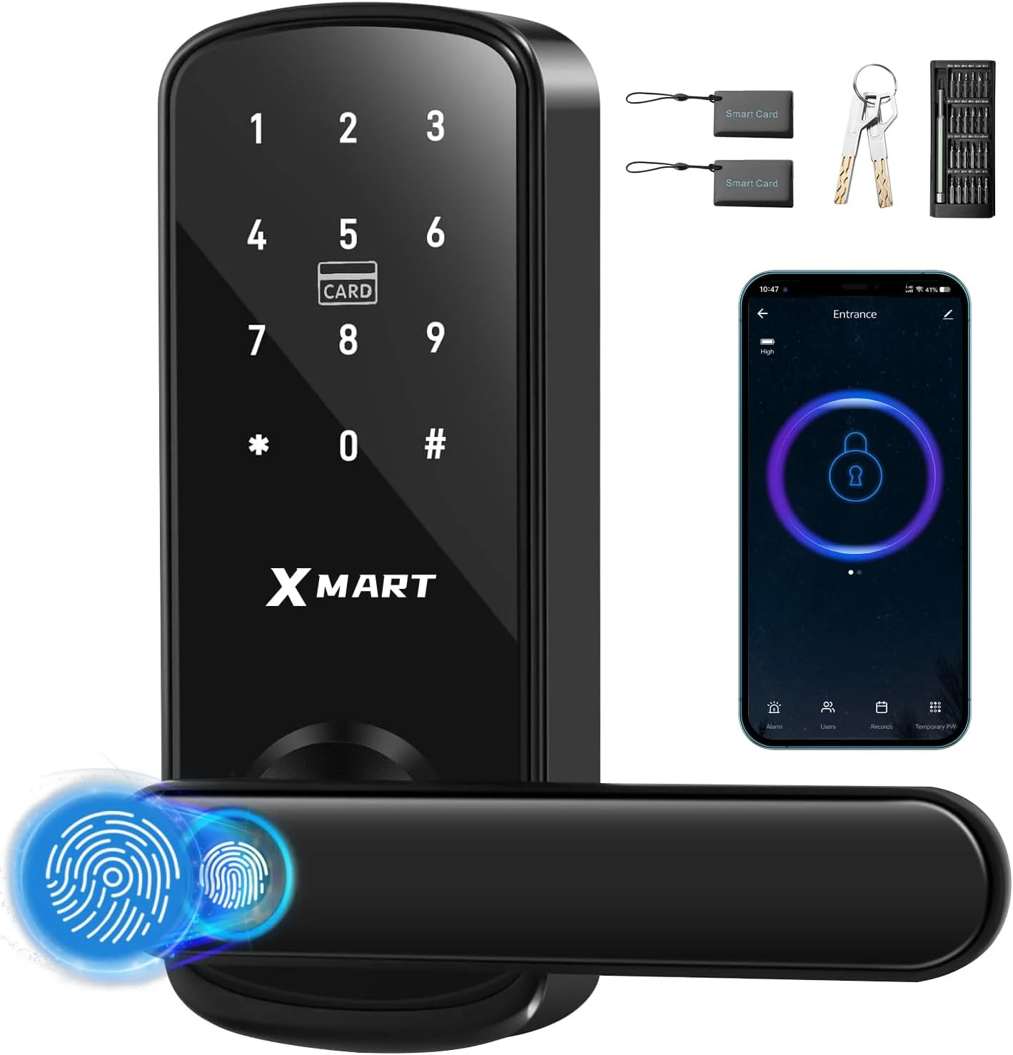 قفل هوشمند Xmart با شناسایی اثر انگشت، دستگیره درب الکترونیکی بدون کلید 5 در 1 با کنترل برنامه، قفل درب الکترونیکی صفحه کلید دیجیتال لمسی و اثر انگشت بیومتریک بلوتوث، نصب آسان