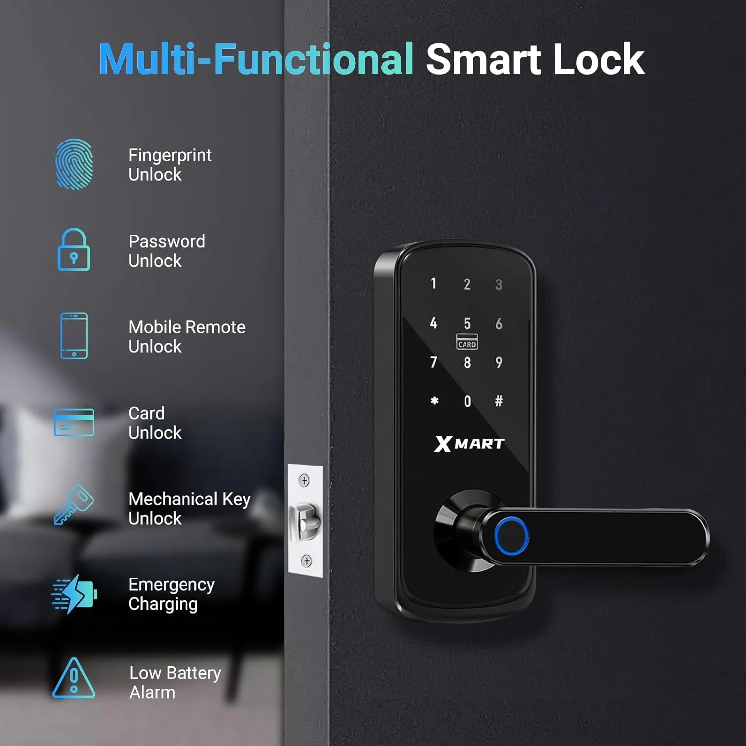 قفل هوشمند Xmart با شناسایی اثر انگشت، دستگیره درب الکترونیکی بدون کلید 5 در 1 با کنترل برنامه، قفل درب الکترونیکی صفحه کلید دیجیتال لمسی و اثر انگشت بیومتریک بلوتوث، نصب آسان