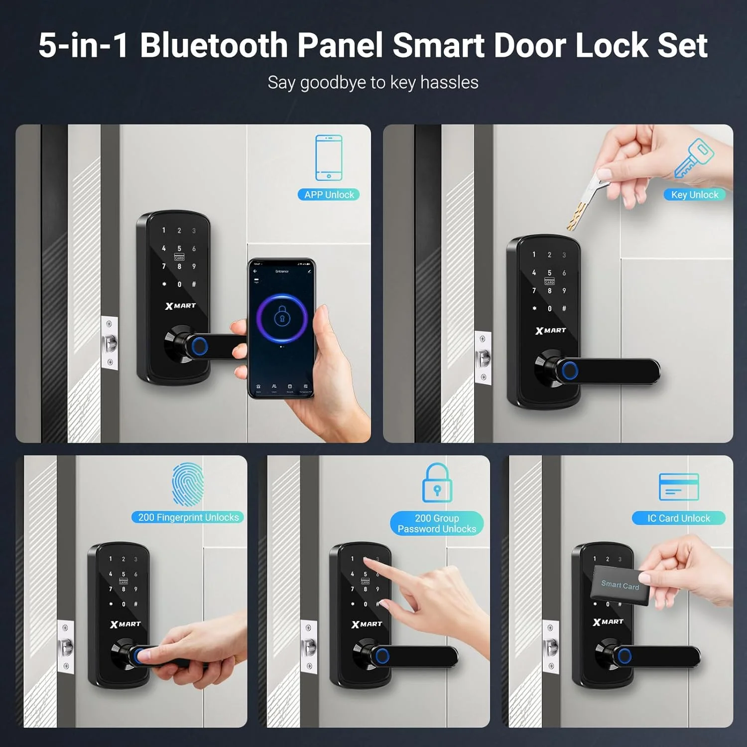 قفل هوشمند Xmart با شناسایی اثر انگشت، دستگیره درب الکترونیکی بدون کلید 5 در 1 با کنترل برنامه، قفل درب الکترونیکی صفحه کلید دیجیتال لمسی و اثر انگشت بیومتریک بلوتوث، نصب آسان