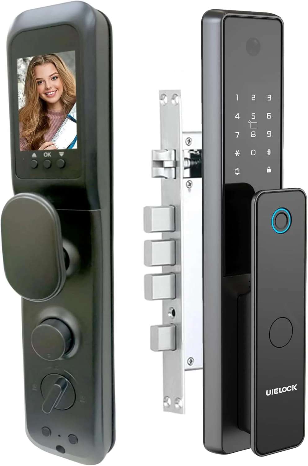 قفل درب هوشمند UIELOCK - قفل درب بدون کلید اتوماتیک، قفل درب با اثر انگشت، رمز عبور، کارت دسترسی، کلید مکانیکی، دوربین، زنگ درب، WiFi و کنترل برنامه صفحه کلید دیجیتال خاکستری