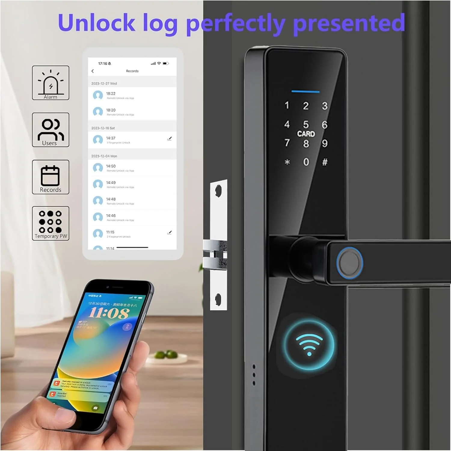 قفل هوشمند VUCATIN، قفل درب بلوتوثی بدون کلید، قفل درب اثر انگشتی، قفل درب دیجیتال الکترونیکی وای فای با صفحه کلید، برنامه رایگان، قفل خودکار، رمز عبور، کارت IC برای آپارتمان اداری منزل