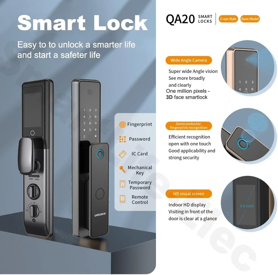 قفل درب هوشمند UIELOCK - قفل درب بدون کلید اتوماتیک، قفل درب با اثر انگشت، رمز عبور، کارت دسترسی، کلید مکانیکی، دوربین، زنگ درب، WiFi و کنترل برنامه صفحه کلید دیجیتال خاکستری