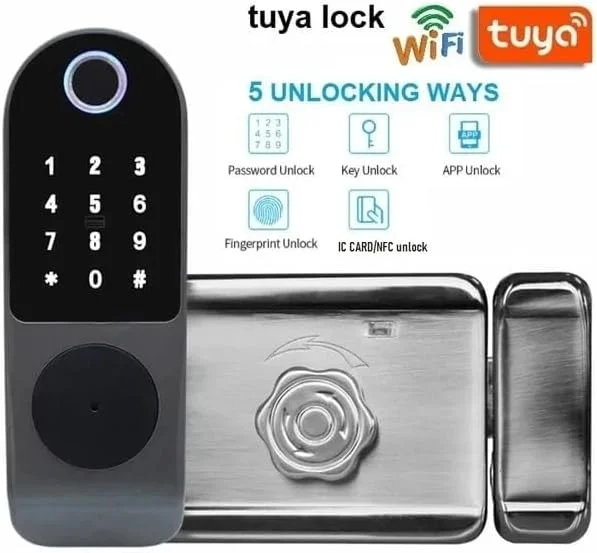 قفل درب هوشمند وای فای UanTii Tuya برای فضای باز، قفل ضد آب اثر انگشت بیومتریک دیجیتال کارت رمز عبور کنترل از راه دور برنامه قفل الکترونیکی بدون کلید برای فضای باز درب آهنی قفل قدیمی