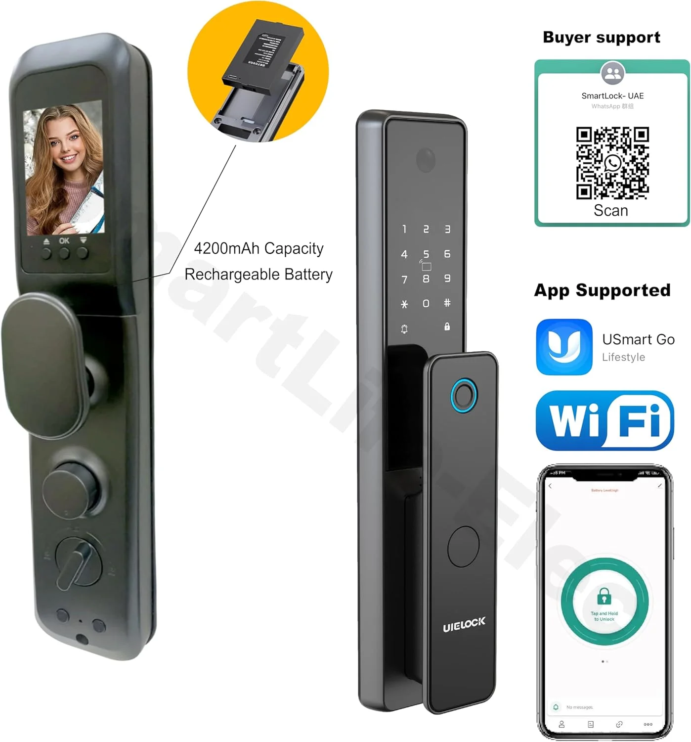 قفل درب هوشمند UIELOCK - قفل درب بدون کلید اتوماتیک، قفل درب با اثر انگشت، رمز عبور، کارت دسترسی، کلید مکانیکی، دوربین، زنگ درب، WiFi و کنترل برنامه صفحه کلید دیجیتال خاکستری