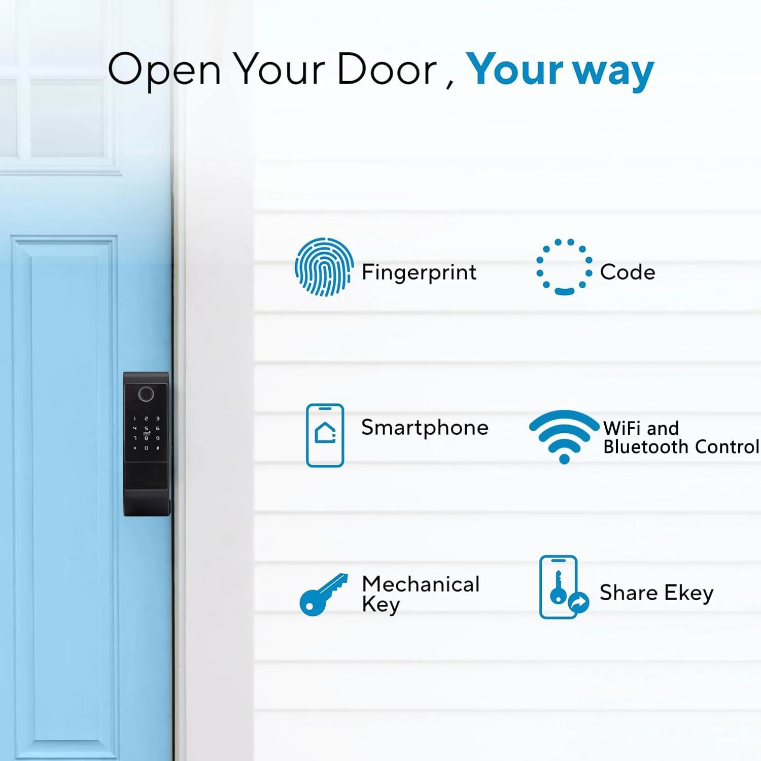 قفل هوشمند YASUCISS، قفل درب اثر انگشتی با صفحه کلید، قفل درب ورودی بدون کلید، صفحه کلید لمسی کنترل برنامه برای دفتر کار، خانه، آپارتمان، Airbnb (V2 - بلوتوث و WiFi 2in1)