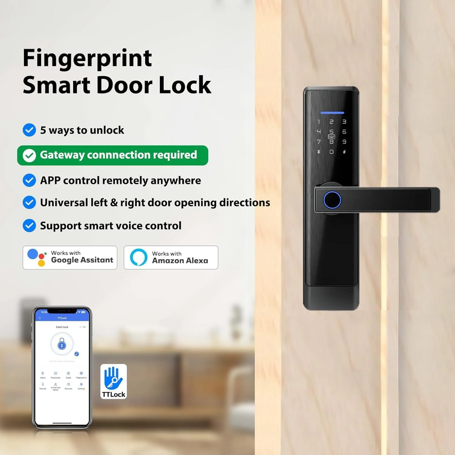 قفل هوشمند Razuvious، قفل درب اثر انگشتی با زبانه 4585. قفل بلوتوثی بدون کلید، برنامه رایگان، کارت IC، کد ضد دید زدن، کنترل برنامه TT Lock، برای خانه، دفتر، آپارتمان (R1)