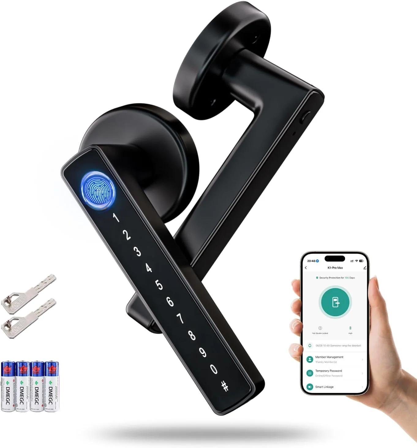 قفل درب هوشمند Pohaytipe، دستگیره ورودی بدون کلید اثر انگشت دیجیتال/برنامه TUYA/کد/کلید برای اتاق خواب اداری هتل جلو (CS09، مشکی)