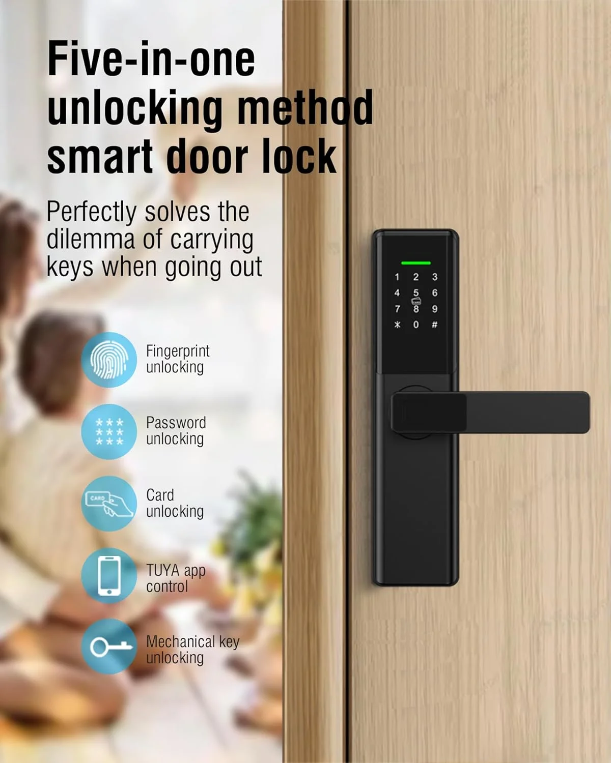 قفل درب اثر انگشتی هوشمند LeLoupFidele، قفل دیجیتال وای فای با رمز عبور، کارت IC، کنترل برنامه Tuya، پشتیبانی از 9 زبان از جمله عربی (مشکی 4085 مورتise)