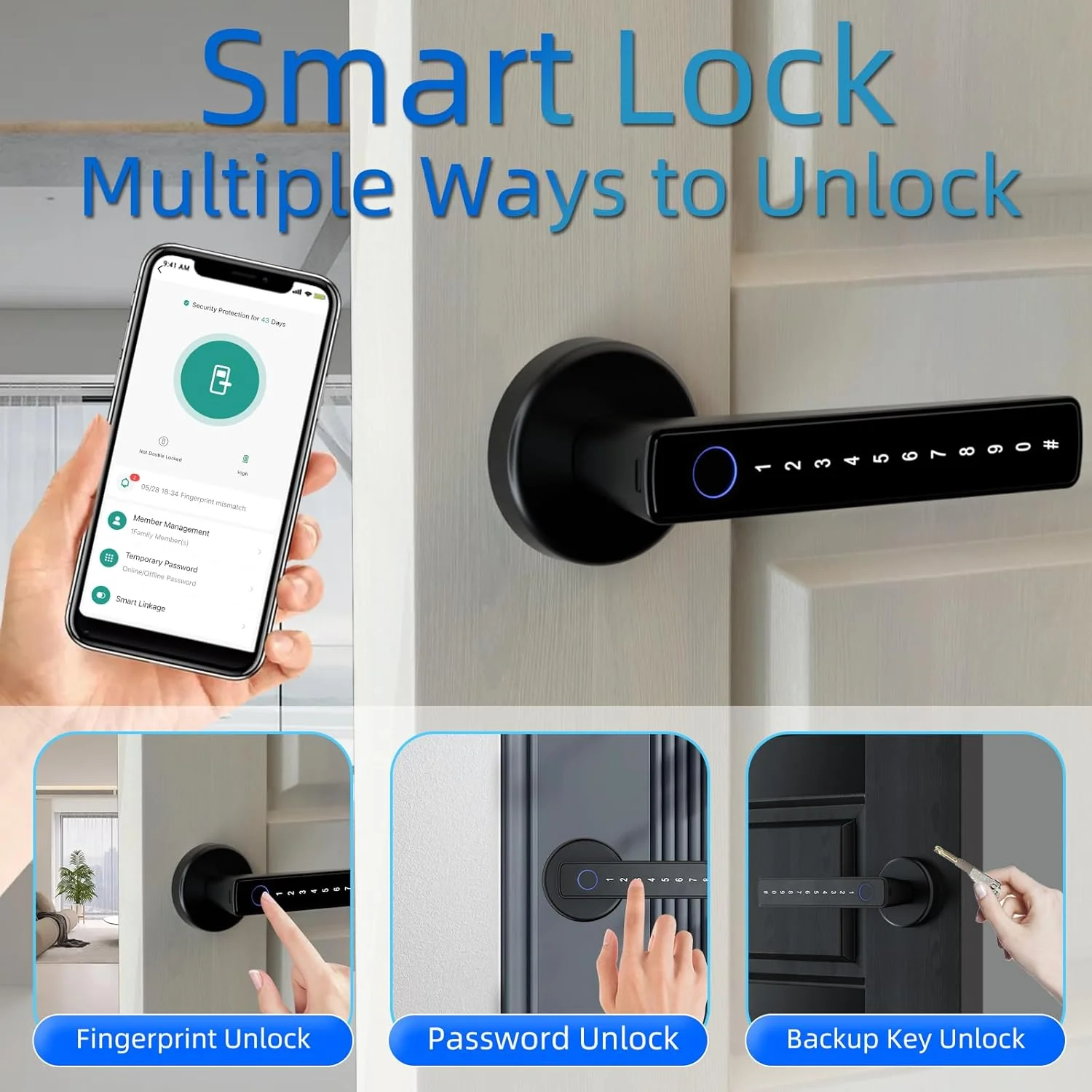 قفل درب هوشمند Pohaytipe، دستگیره ورودی بدون کلید اثر انگشت دیجیتال/برنامه TUYA/کد/کلید برای اتاق خواب اداری هتل جلو (CS09، مشکی)