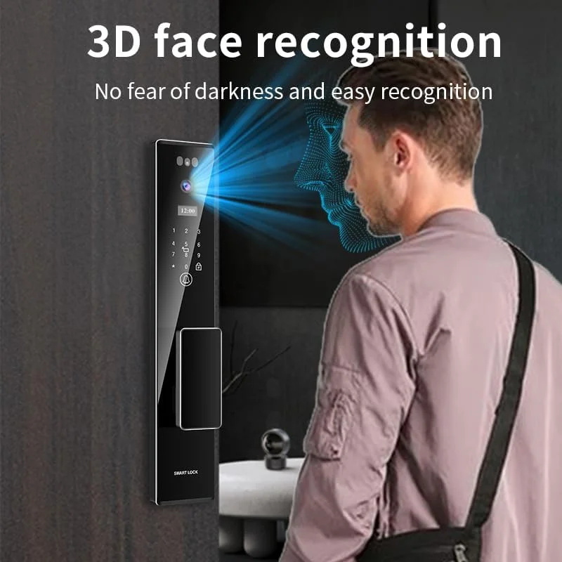 قفل درب دیجیتال هوشمند سیف اسمارت مدل S555 مناسب برای فضای داخلی و خارجی، تشخیص چهره سه بعدی، اینترکام ویدیویی با وضوح بالا، باز کردن قفل با اپلیکیشن Wi-Fi، اثر انگشت، کارت RFID، پین، کلیدهای دستی